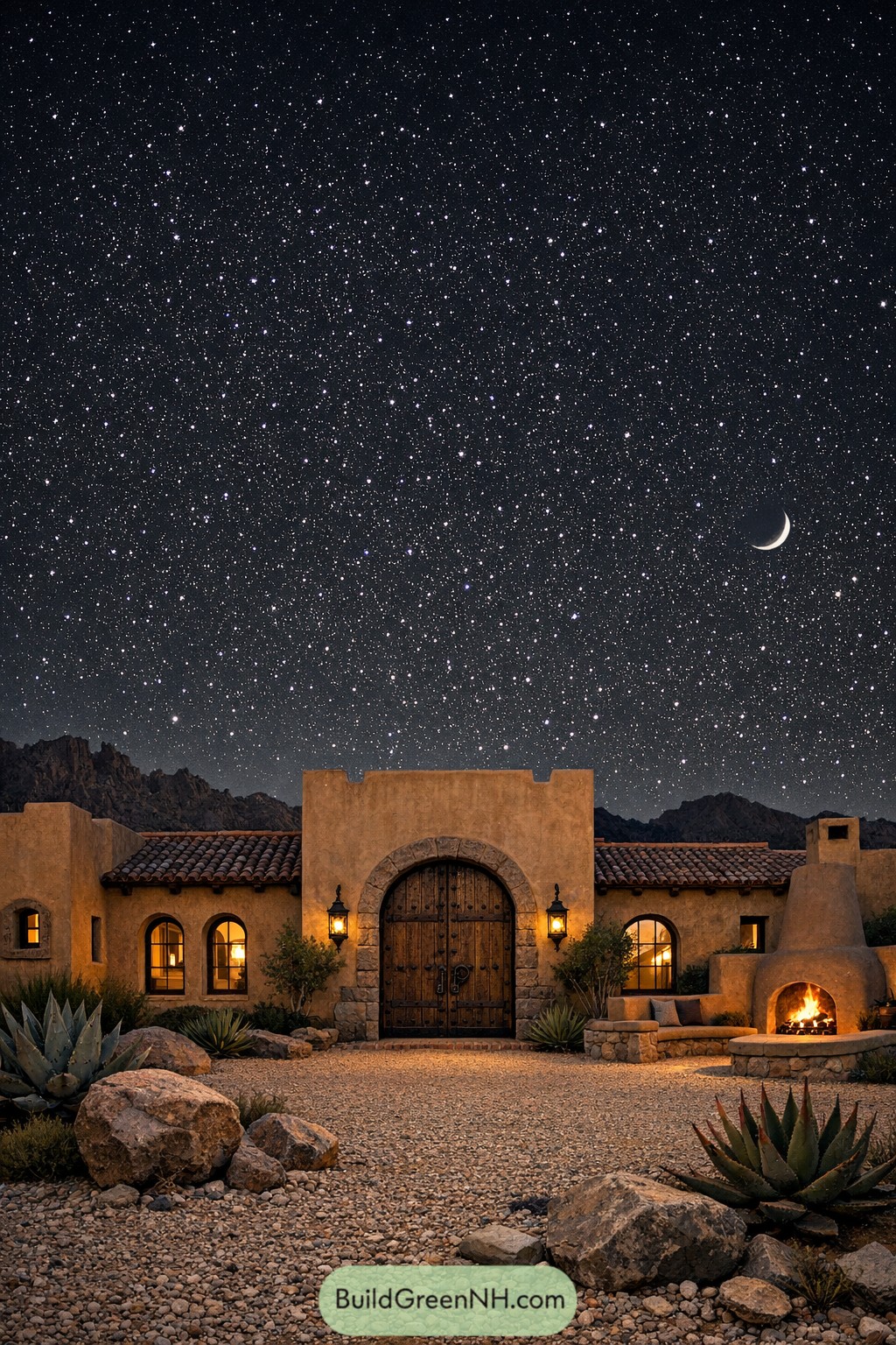 Mediterranean style adobe house courtyard at night with firepit and starry sky