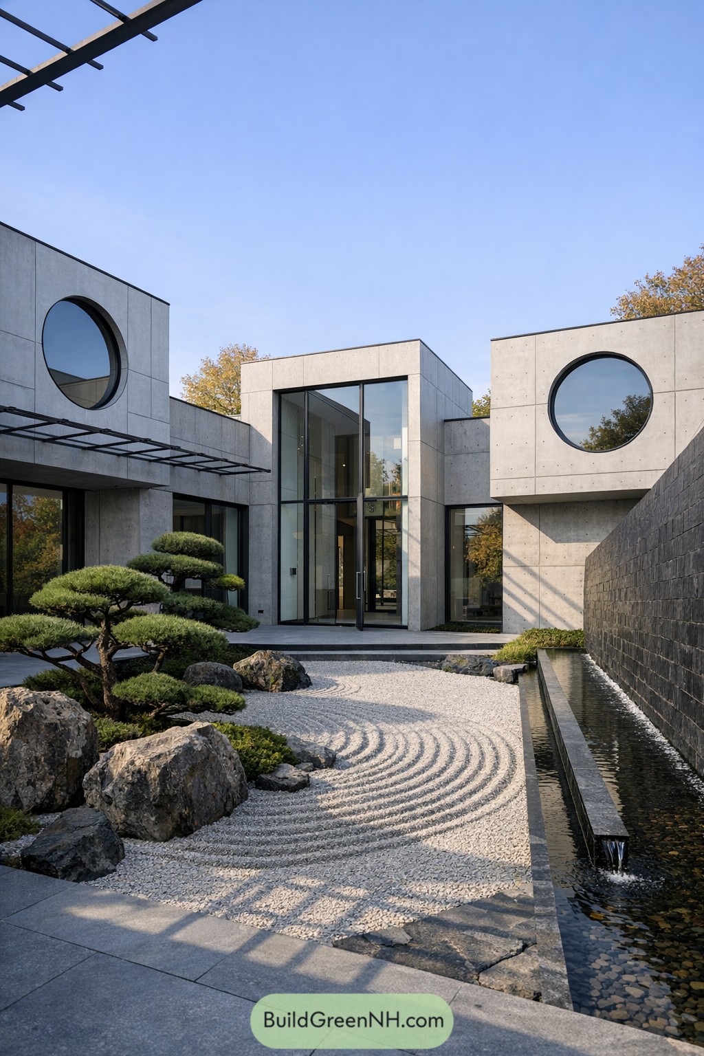 Minimalist concrete courtyard with raked gravel garden, sculpted trees, and narrow reflecting pool