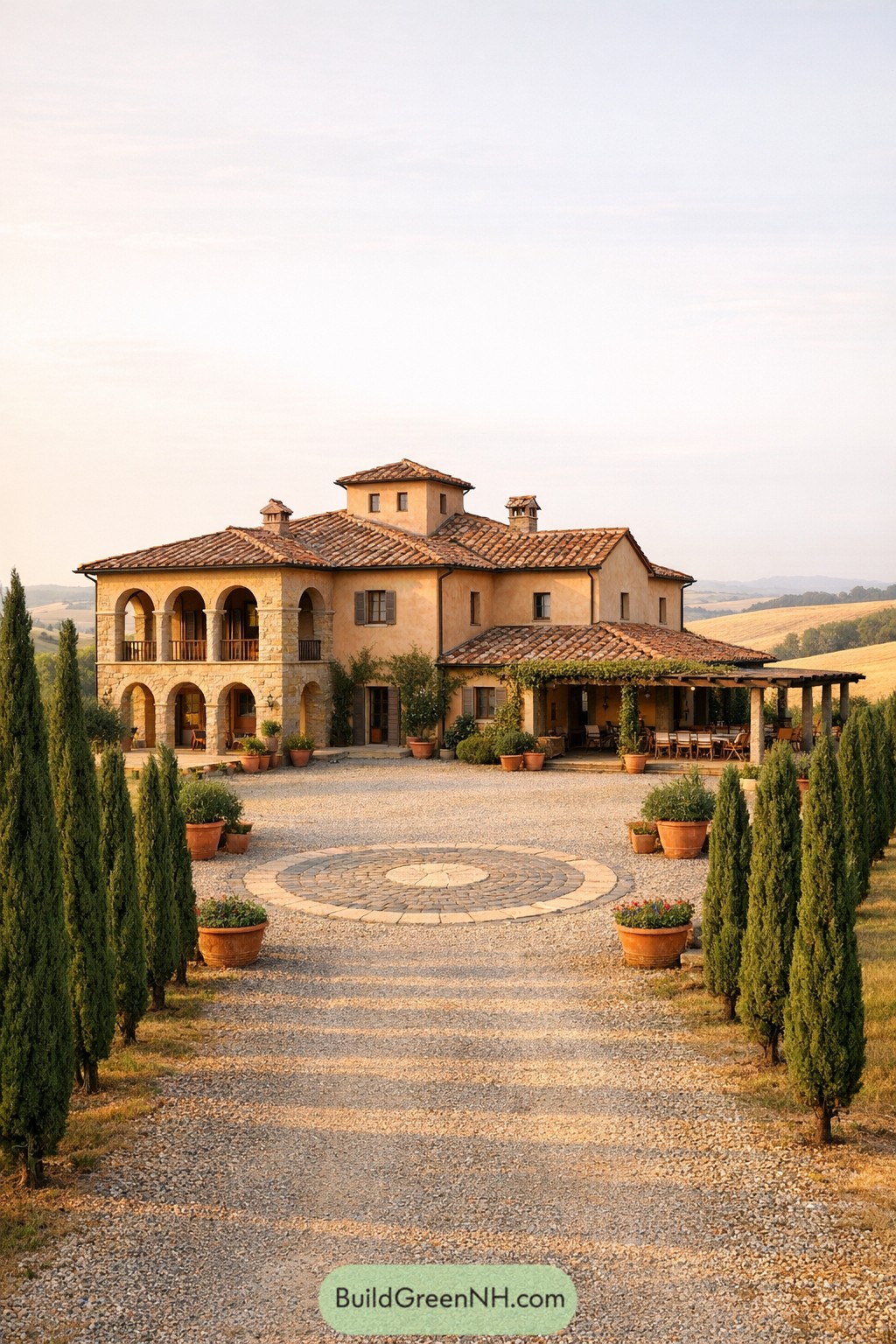 Tuscan villa with cypress-lined gravel drive