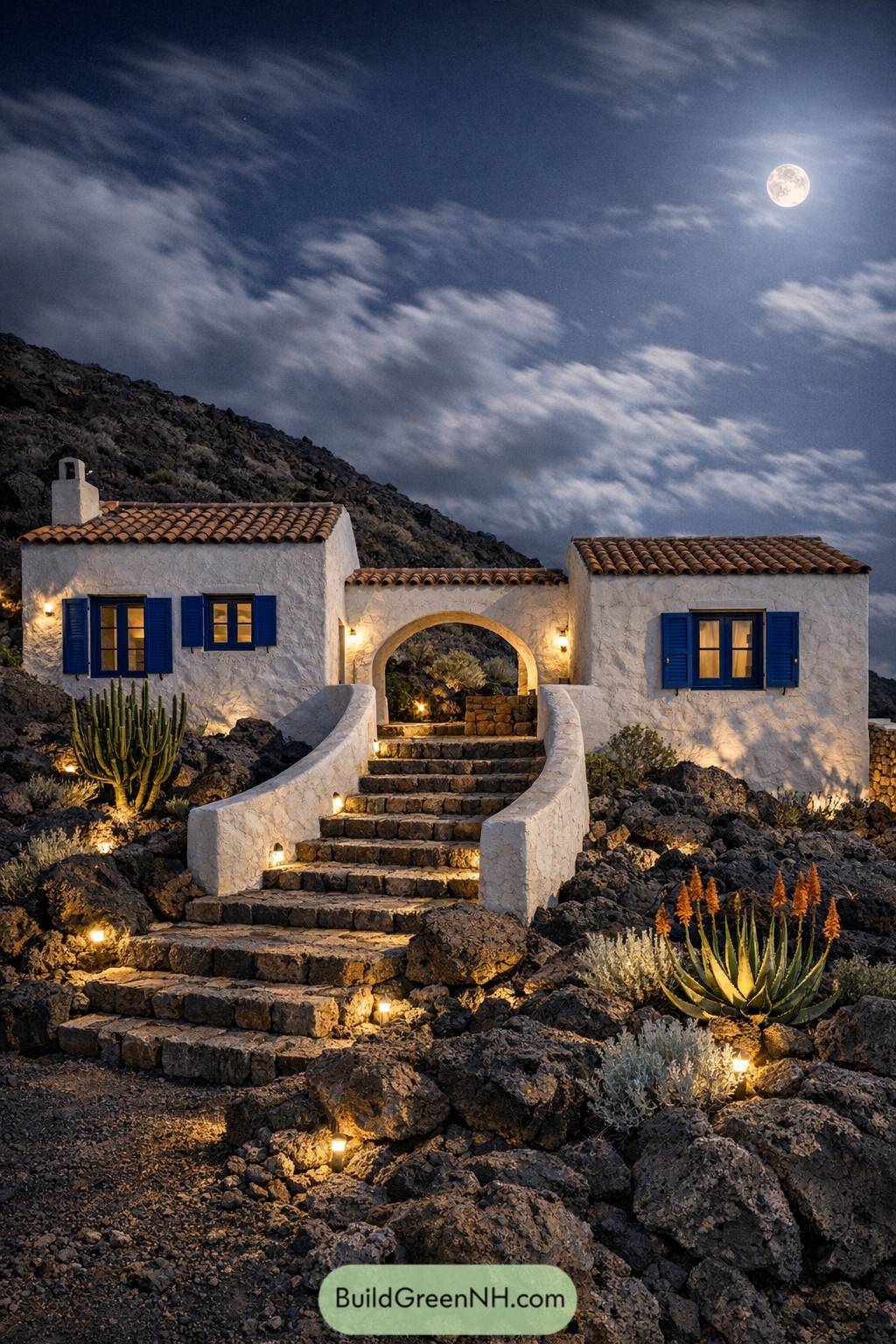 White stucco Mediterranean house with blue shutters and stone steps lit at night under a bright moon