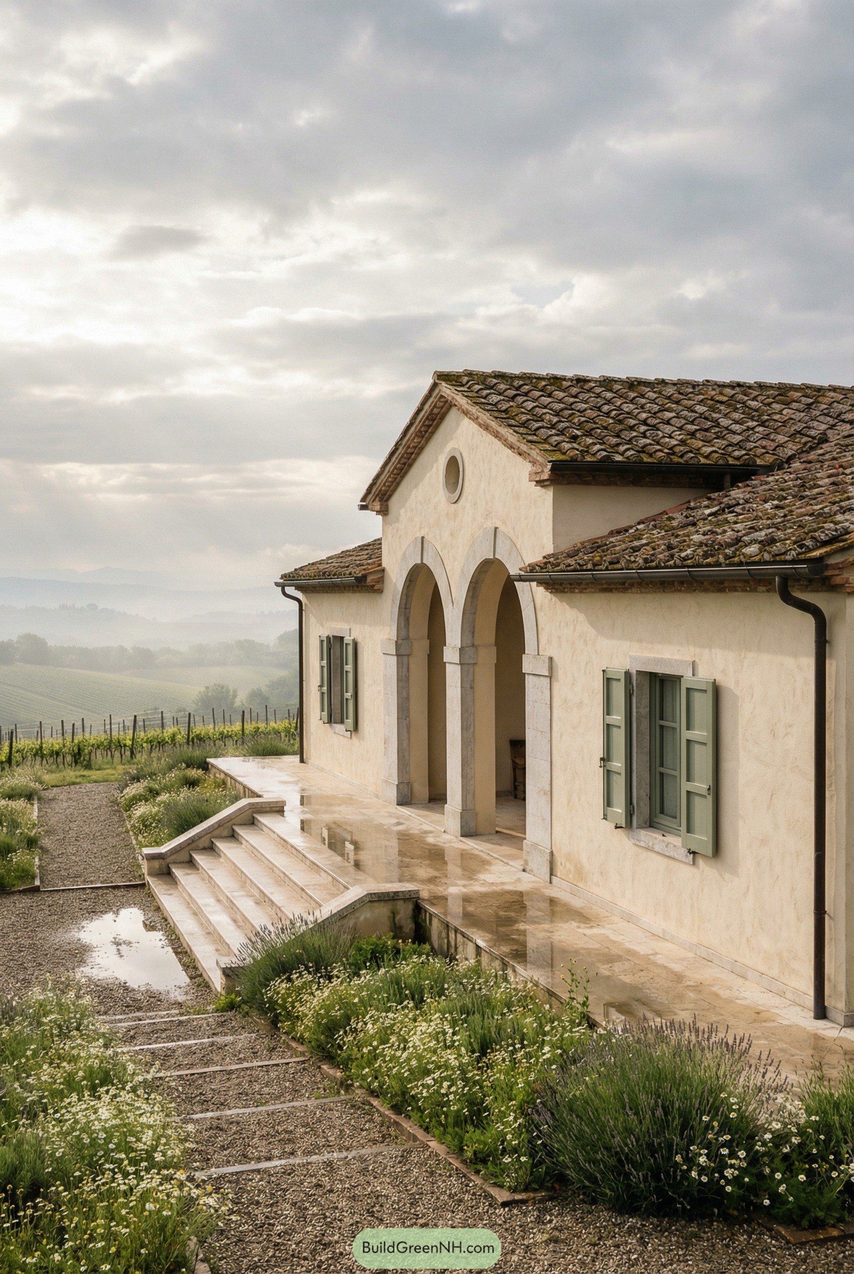 Cream stucco villa with arches overlooking vineyards