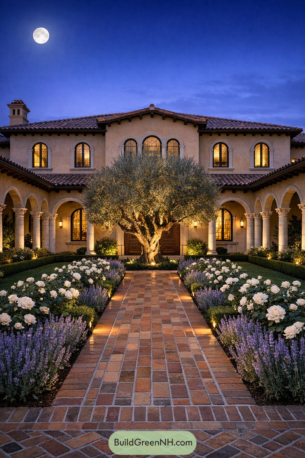 Mediterranean villa with illuminated garden path and central olive tree at night