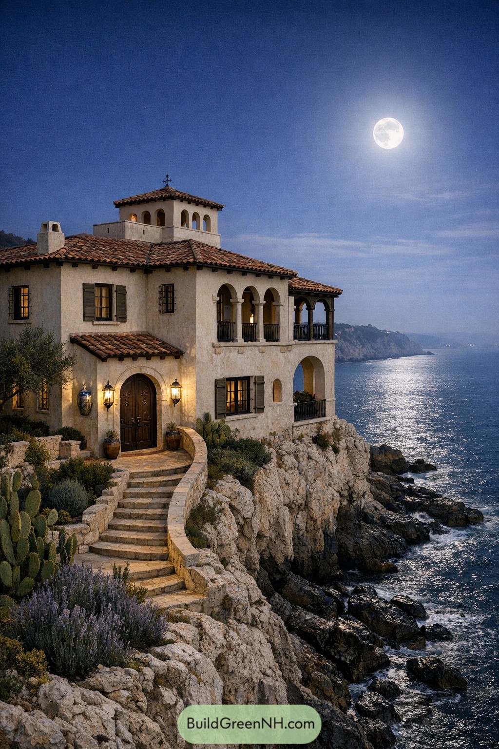 Mediterranean villa perched on rocky seaside cliff at night