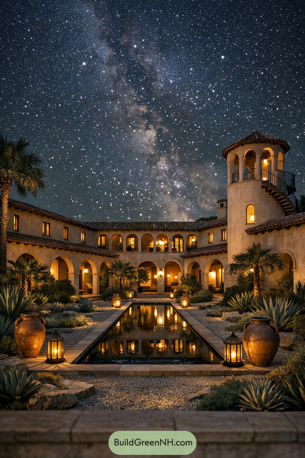 Mediterranean courtyard villa at night with starry sky
