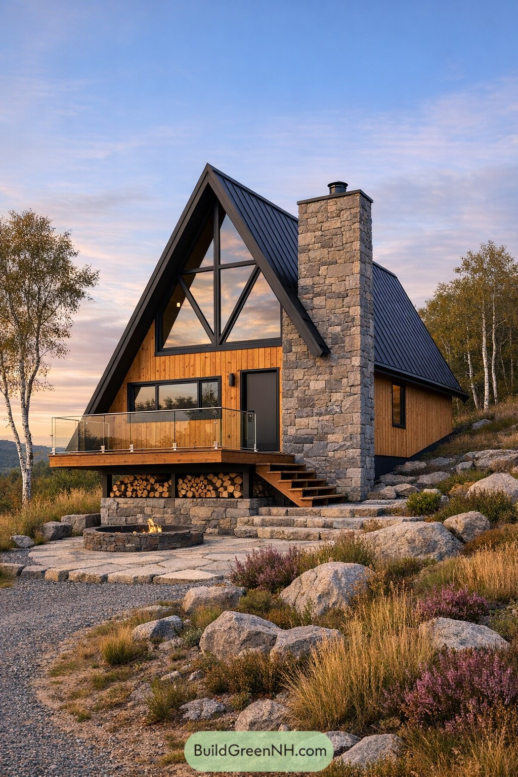 Modern A-frame cabin with stone chimney