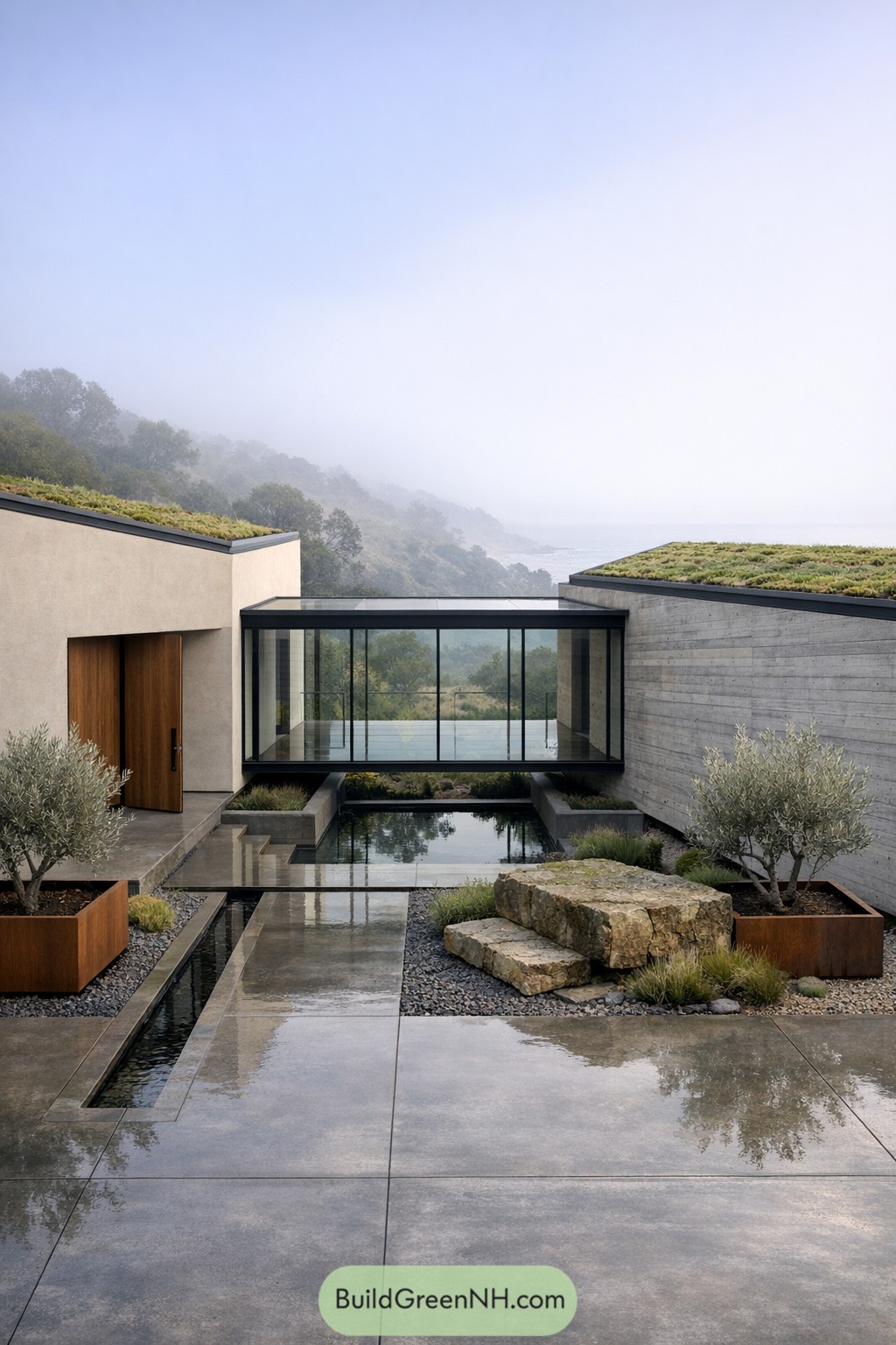 Modern courtyard with glass bridge and reflecting pool