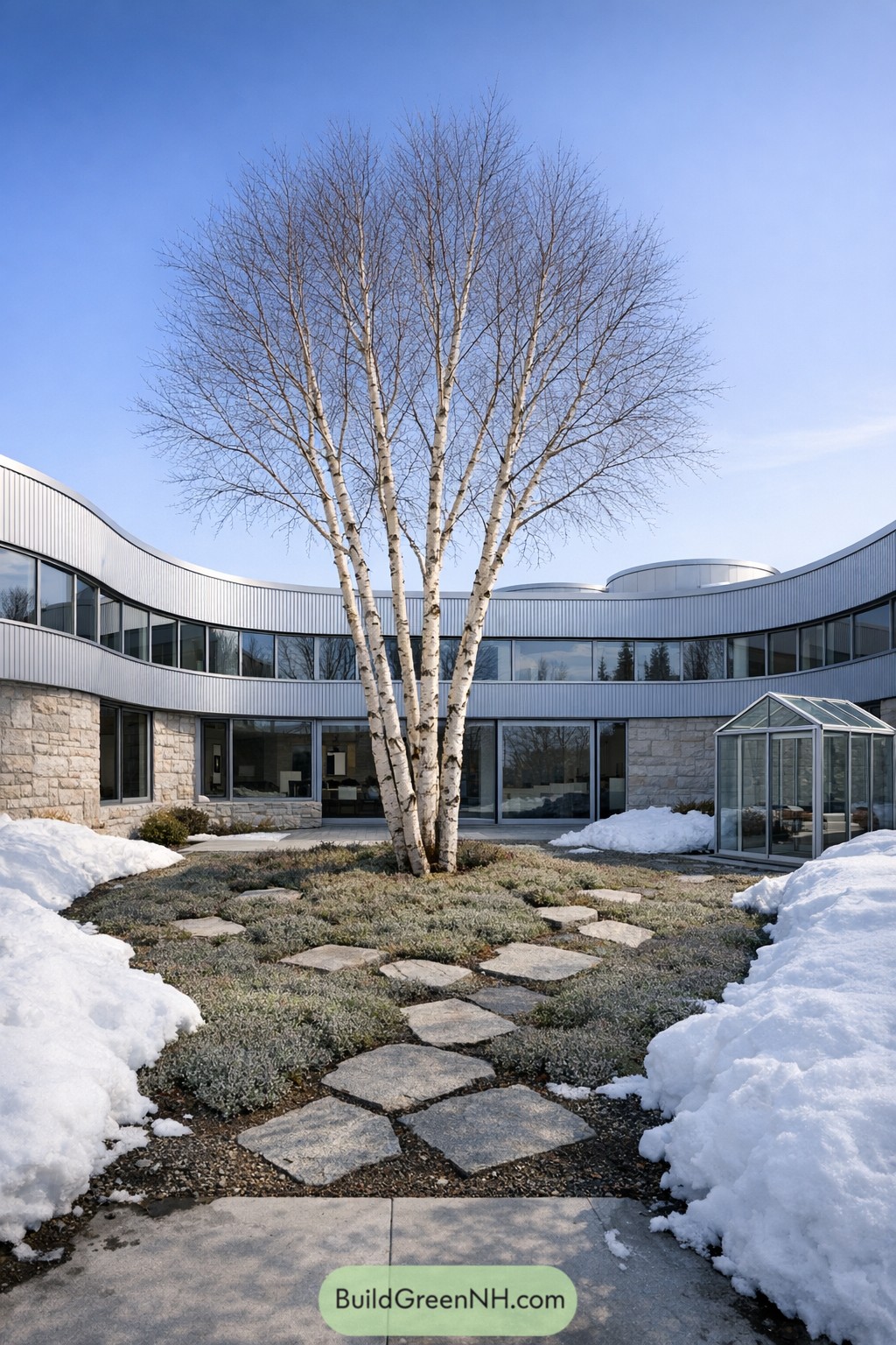 Modern courtyard with central birch tree and stone path surrounded by snow and glass walled house