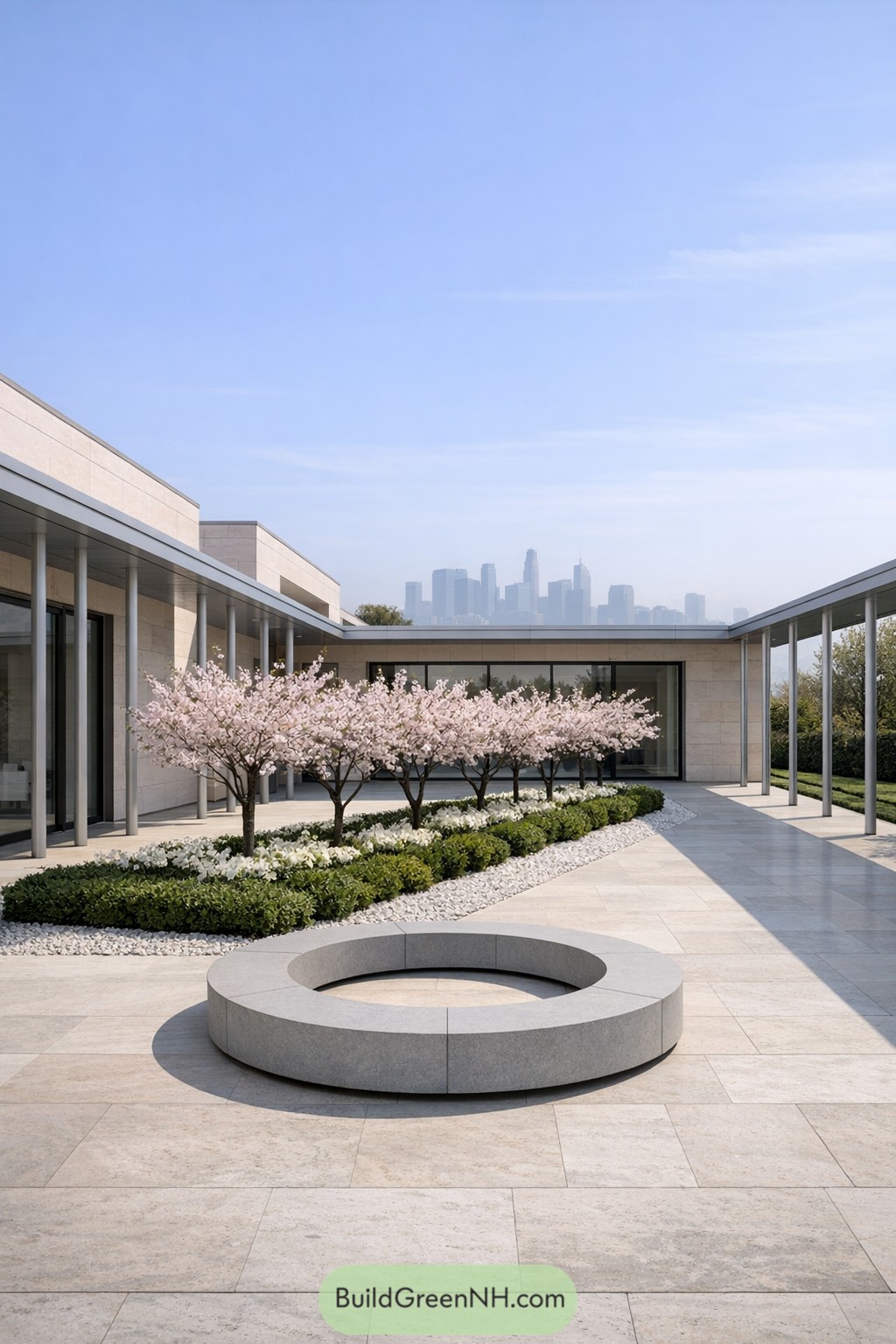 Modern courtyard with circular stone bench and blooming trees against a distant city skyline