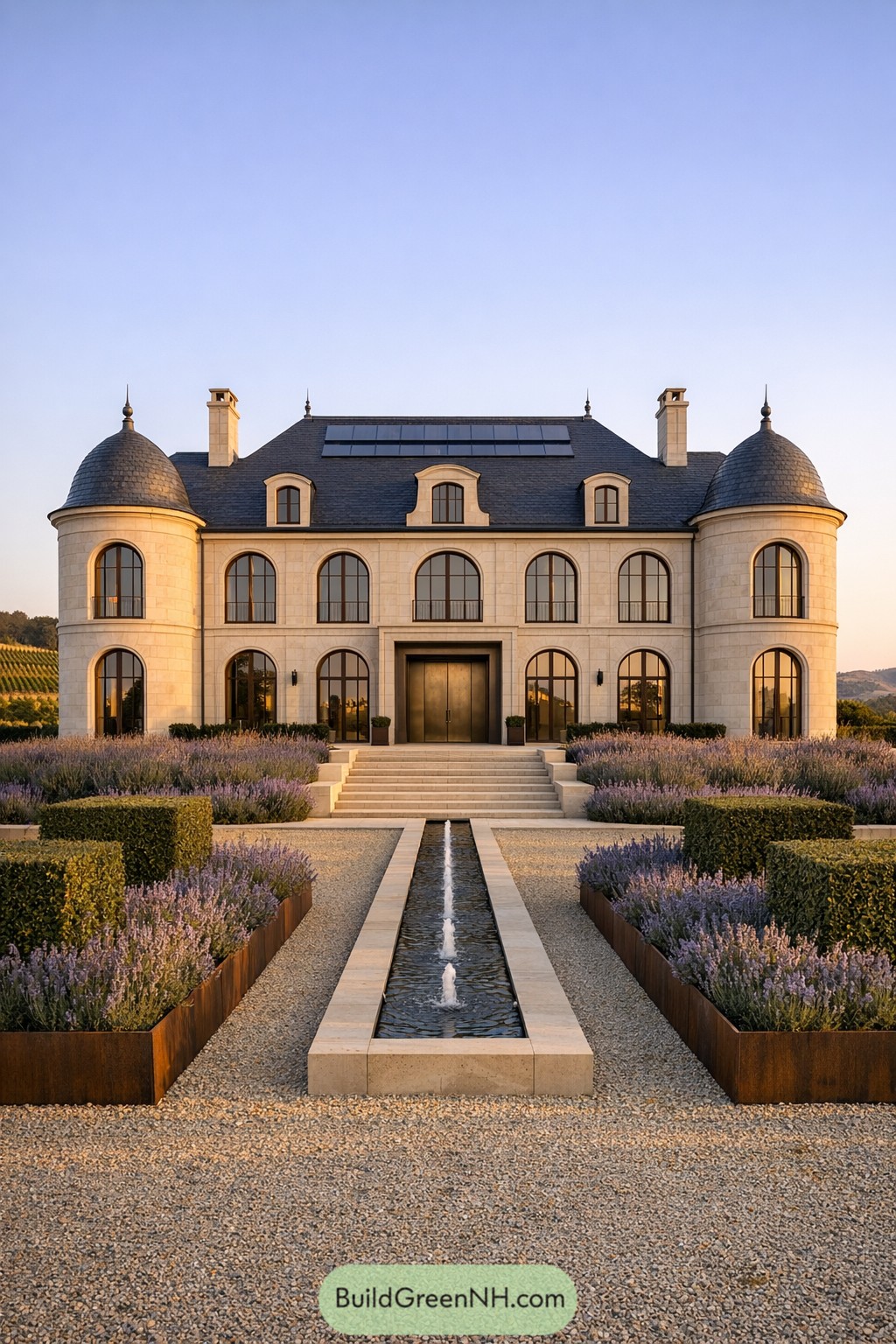 Elegant stone chateau with towers and lavender gardens
