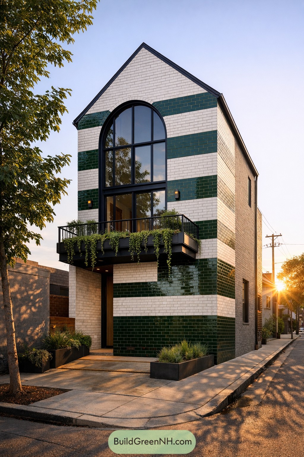 Tall narrow brick house with green and white stripes and large arched window