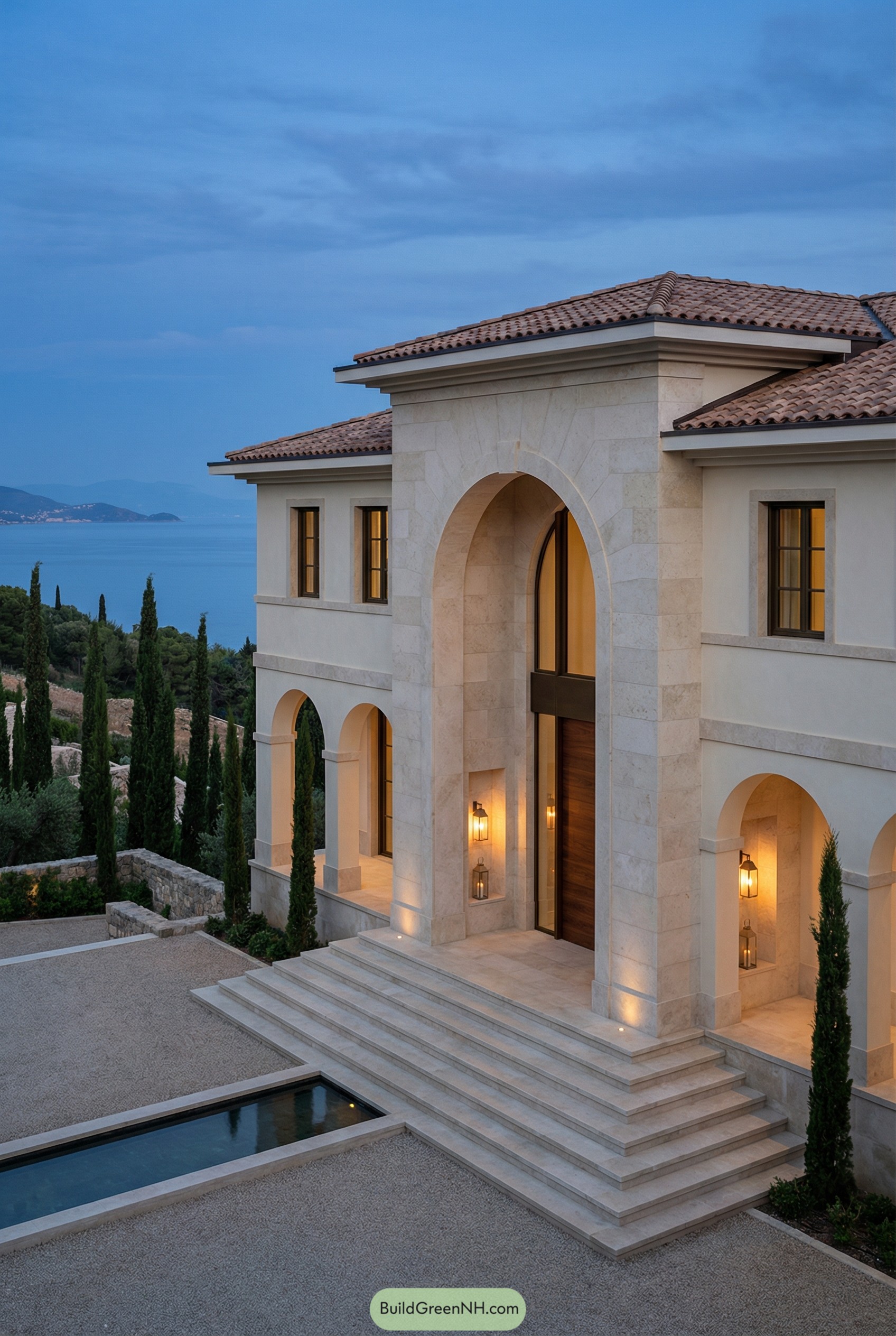 Elegant stone villa with grand arches and sea view