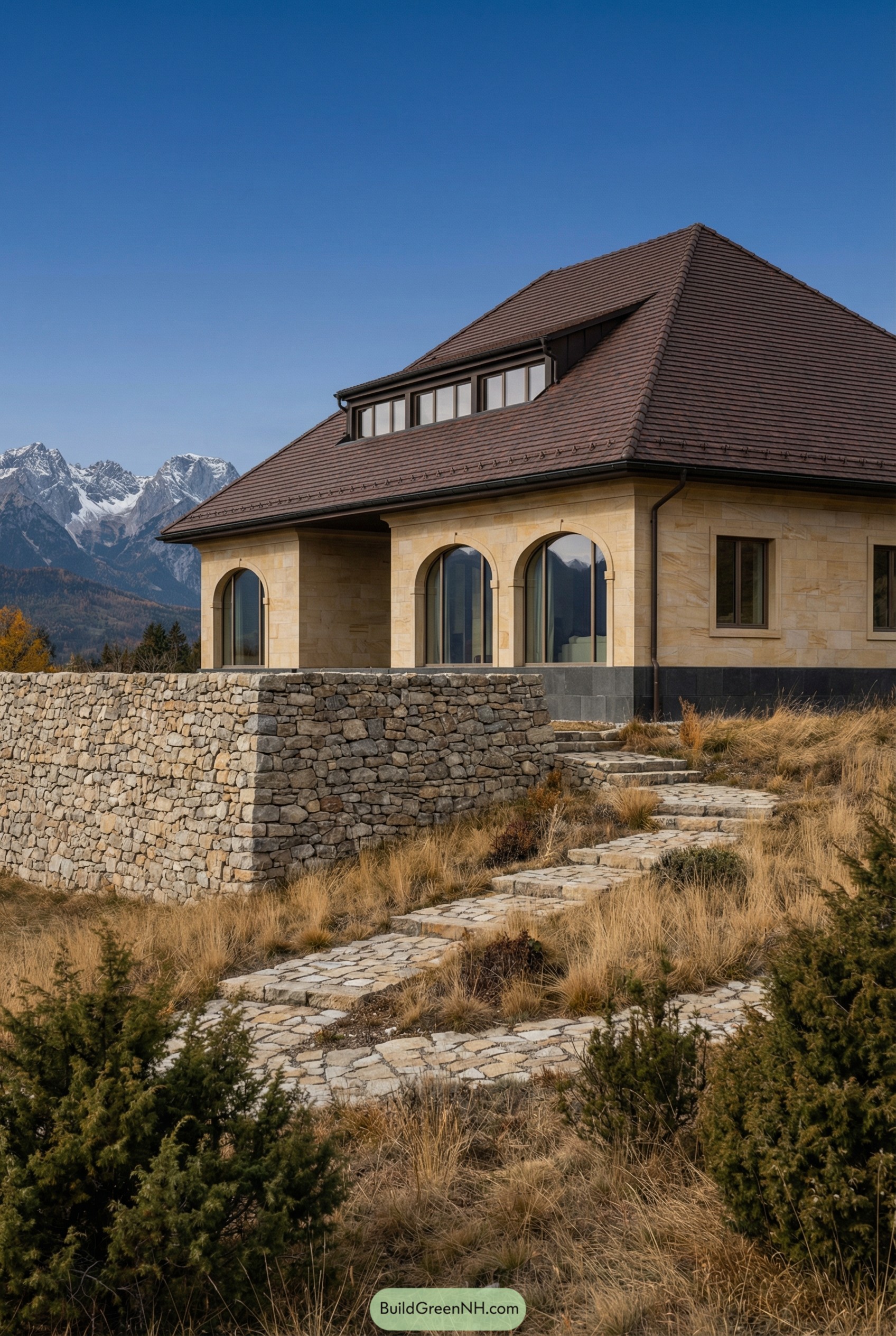 Stone terrace Roman villa facing mountain range