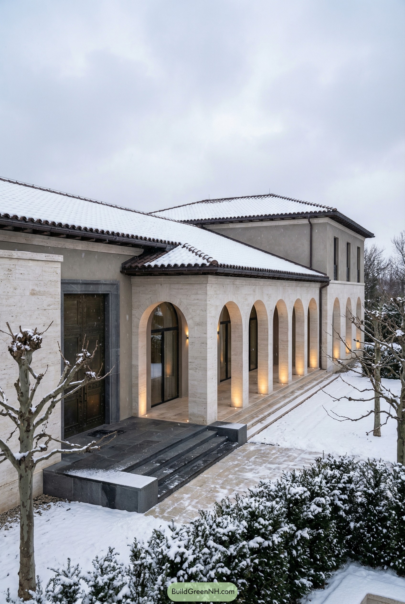 Modern Roman villa with arched colonnade and snow covered tiled roof