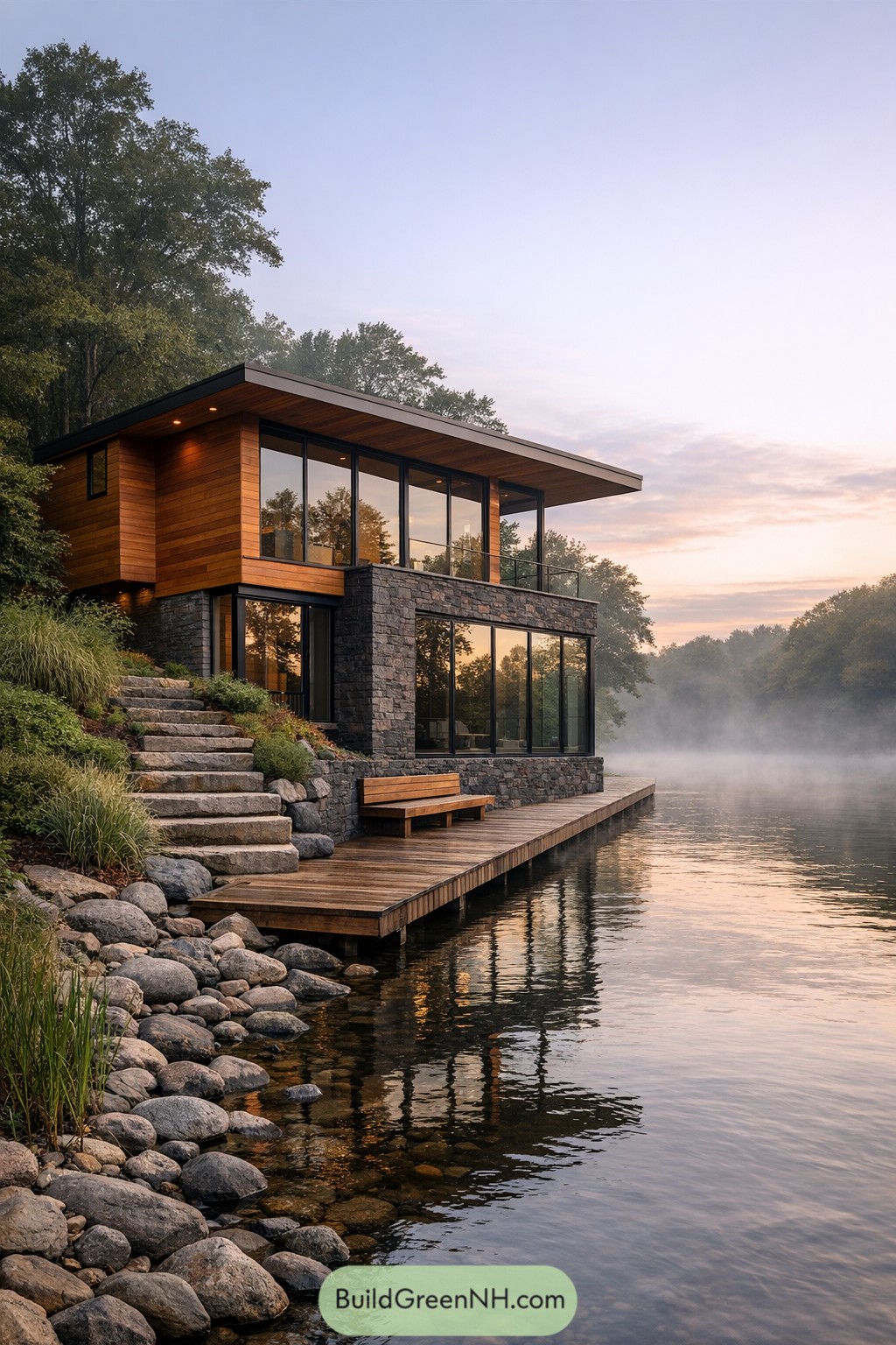 Modern two story wood and stone lakeside house with large glass walls and a dock along the water