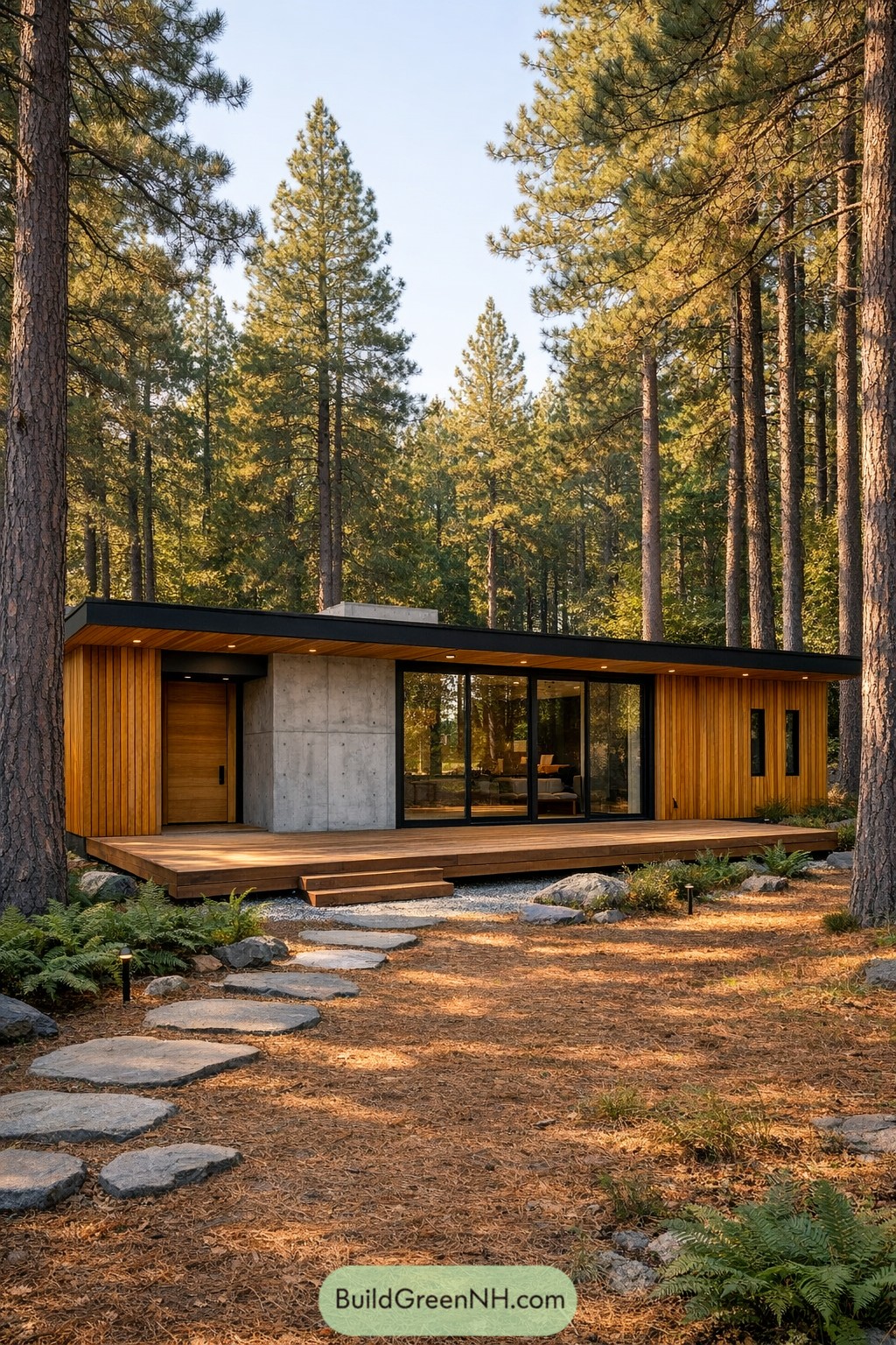 Single story wood and concrete cabin with broad deck set among tall pine trees