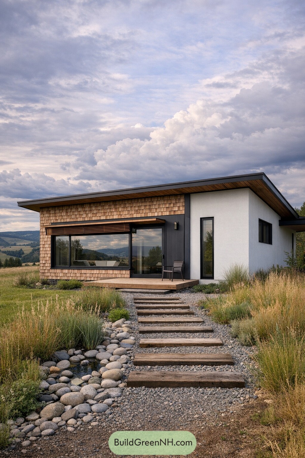Modern low-profile cottage with cedar shingle front, big glazing, and a wood-and-gravel path through natural plantings