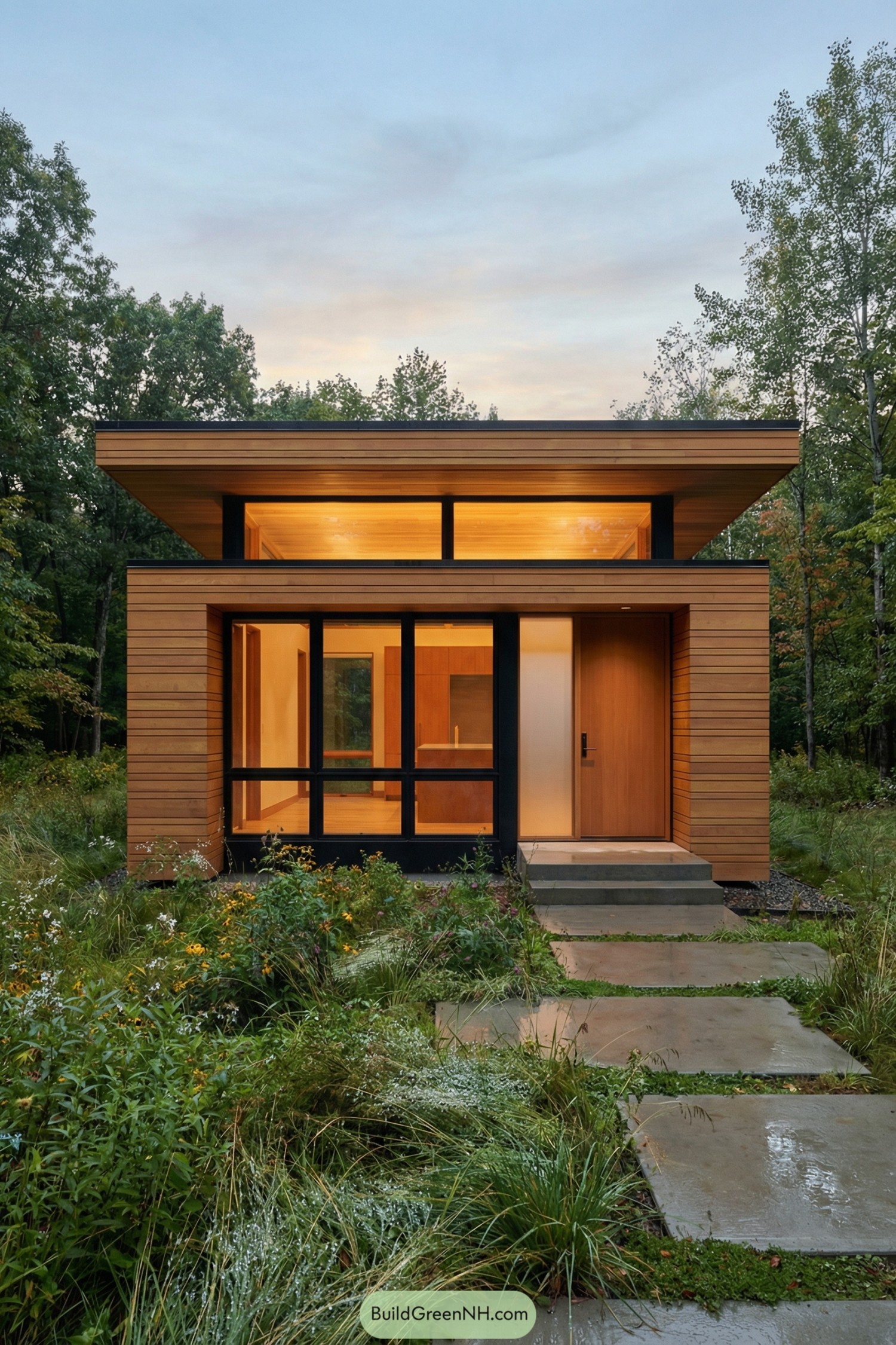 Modern timber cabin with large front glazing and flat overhanging roof set in a lush forest clearing