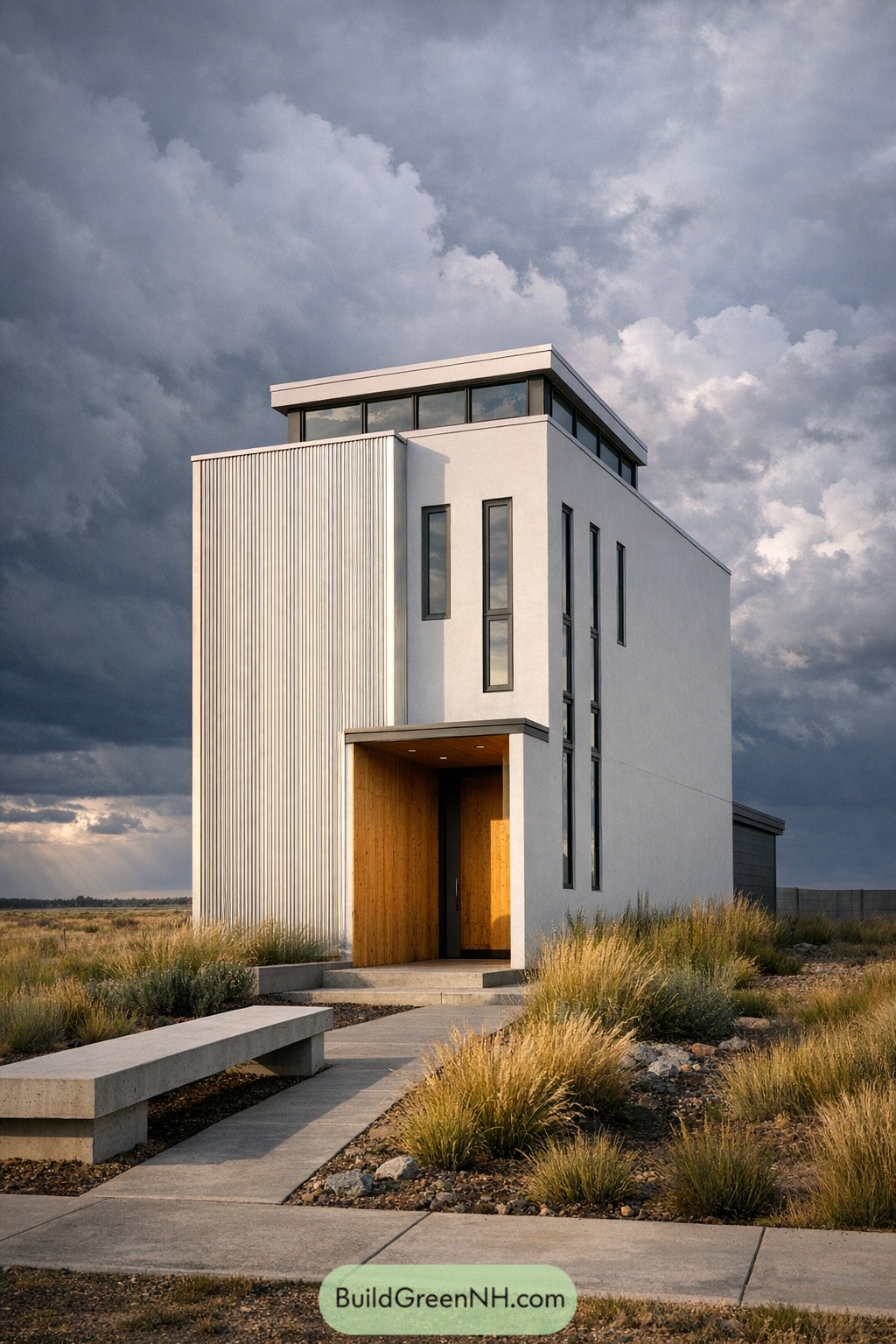 Tall narrow modern house with white stucco walls, vertical metal cladding, and warm wood entry set in a grassy landscape under moody clouds