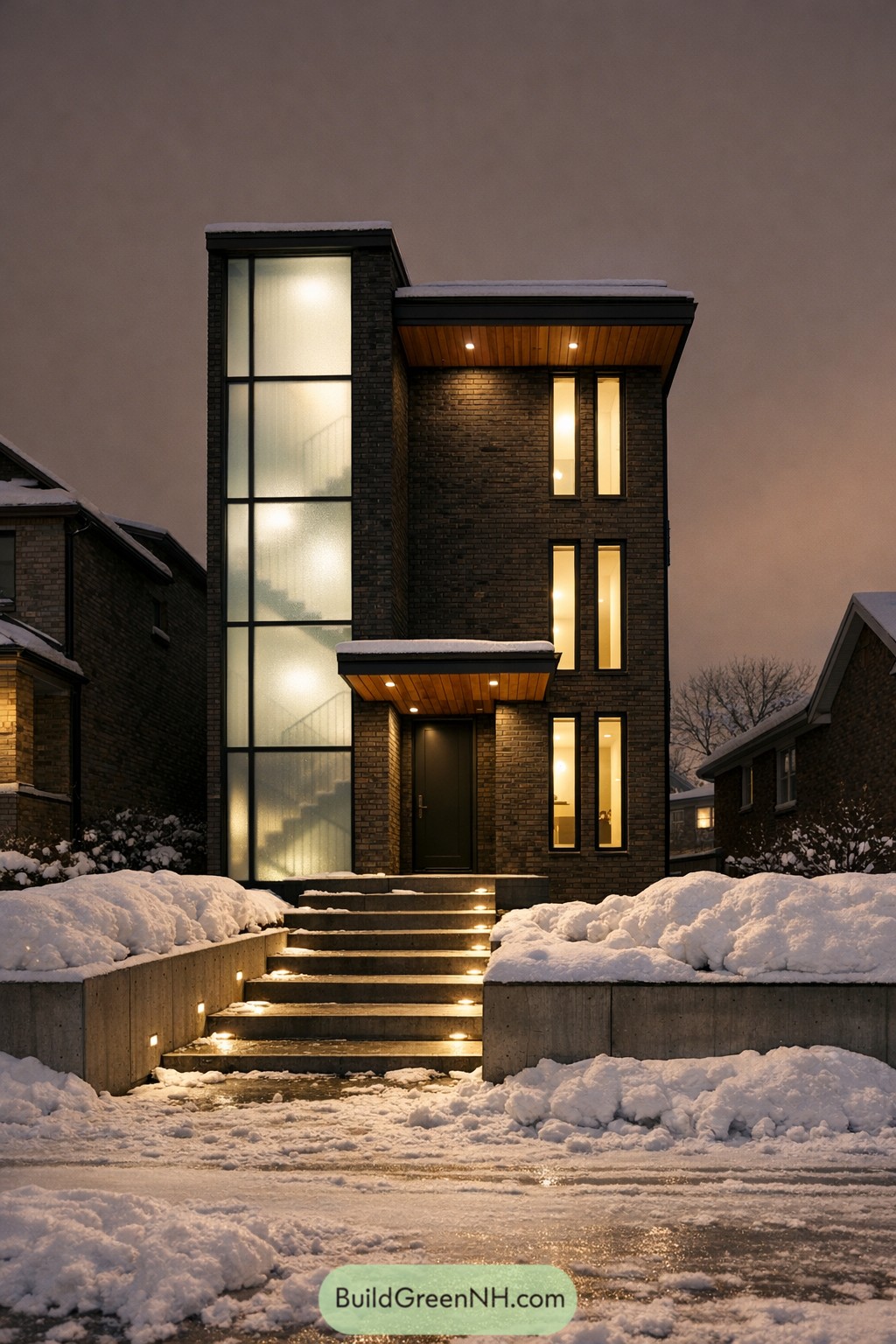 Tall brick narrow house with glowing vertical windows and a frosted glass stair tower on a snowy evening