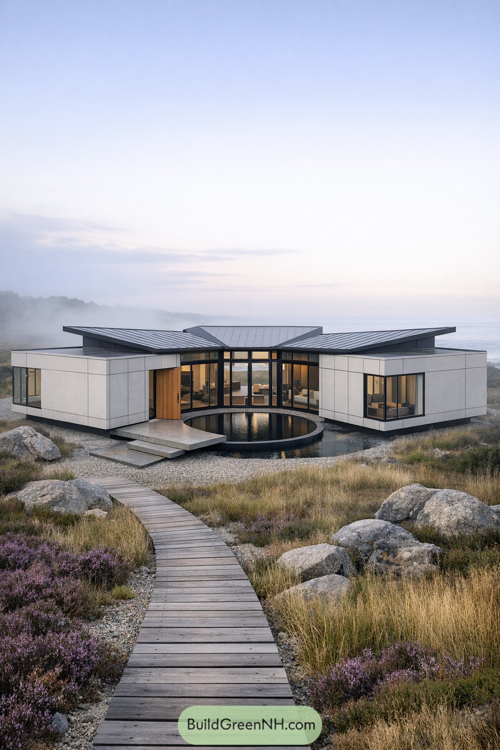 Modern container house with pinwheel layout and central glazed atrium by the sea