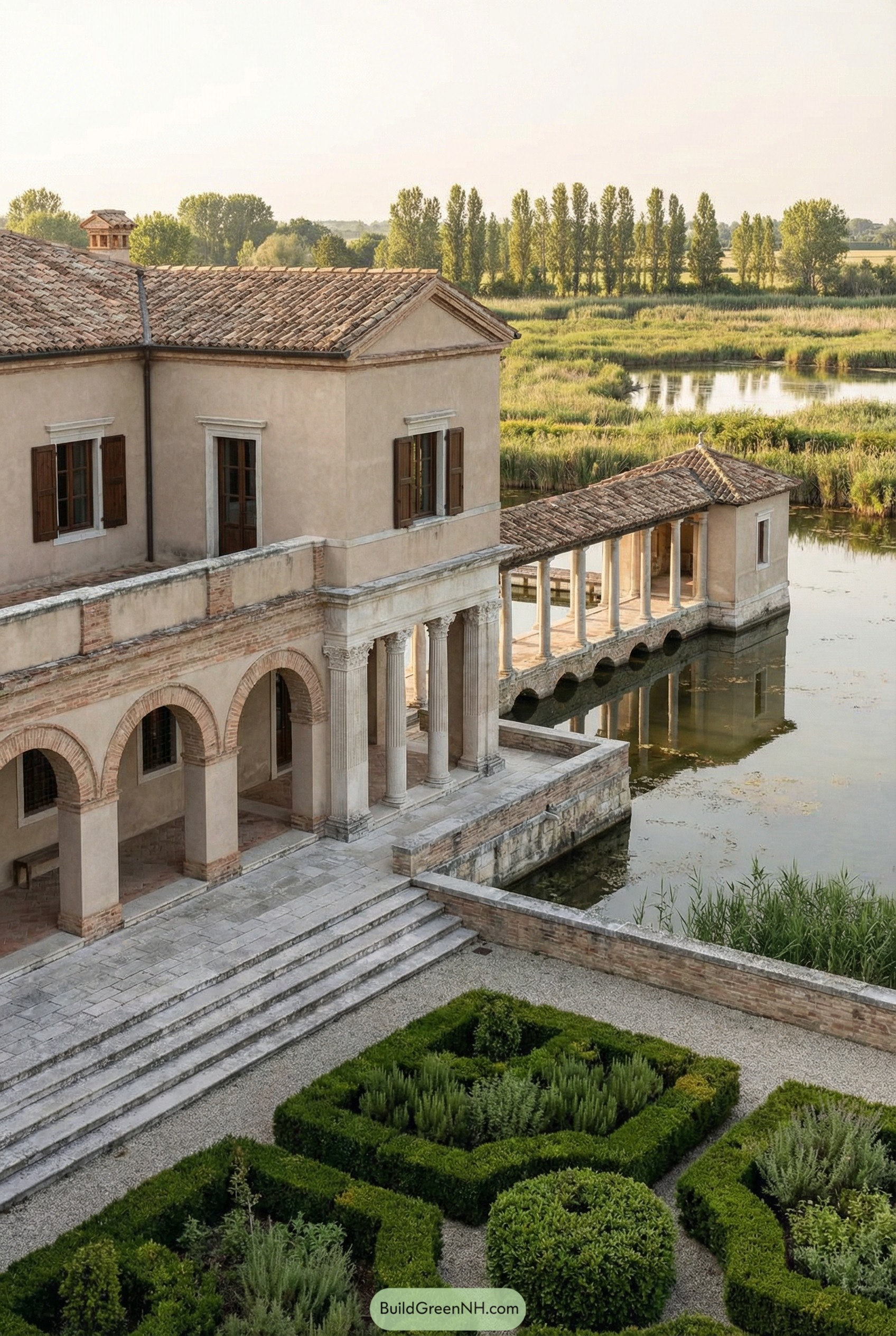 Roman style villa beside water with arcade and formal garden