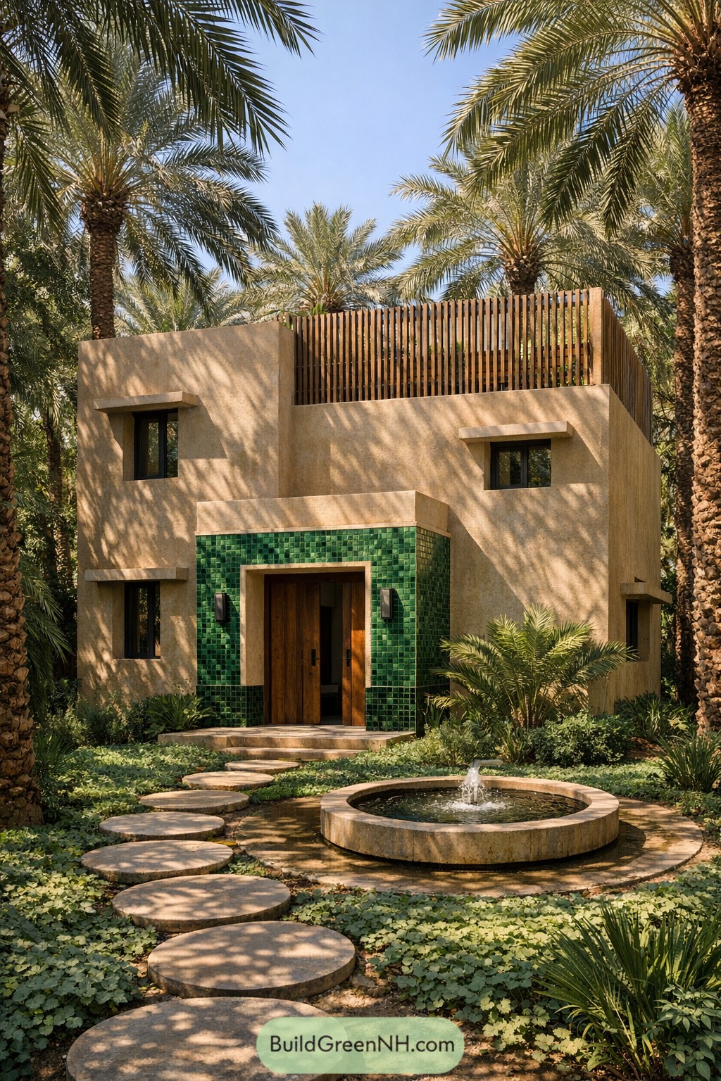 Compact desert villa with green tiled entrance, rooftop terrace, palm trees, and circular front fountain