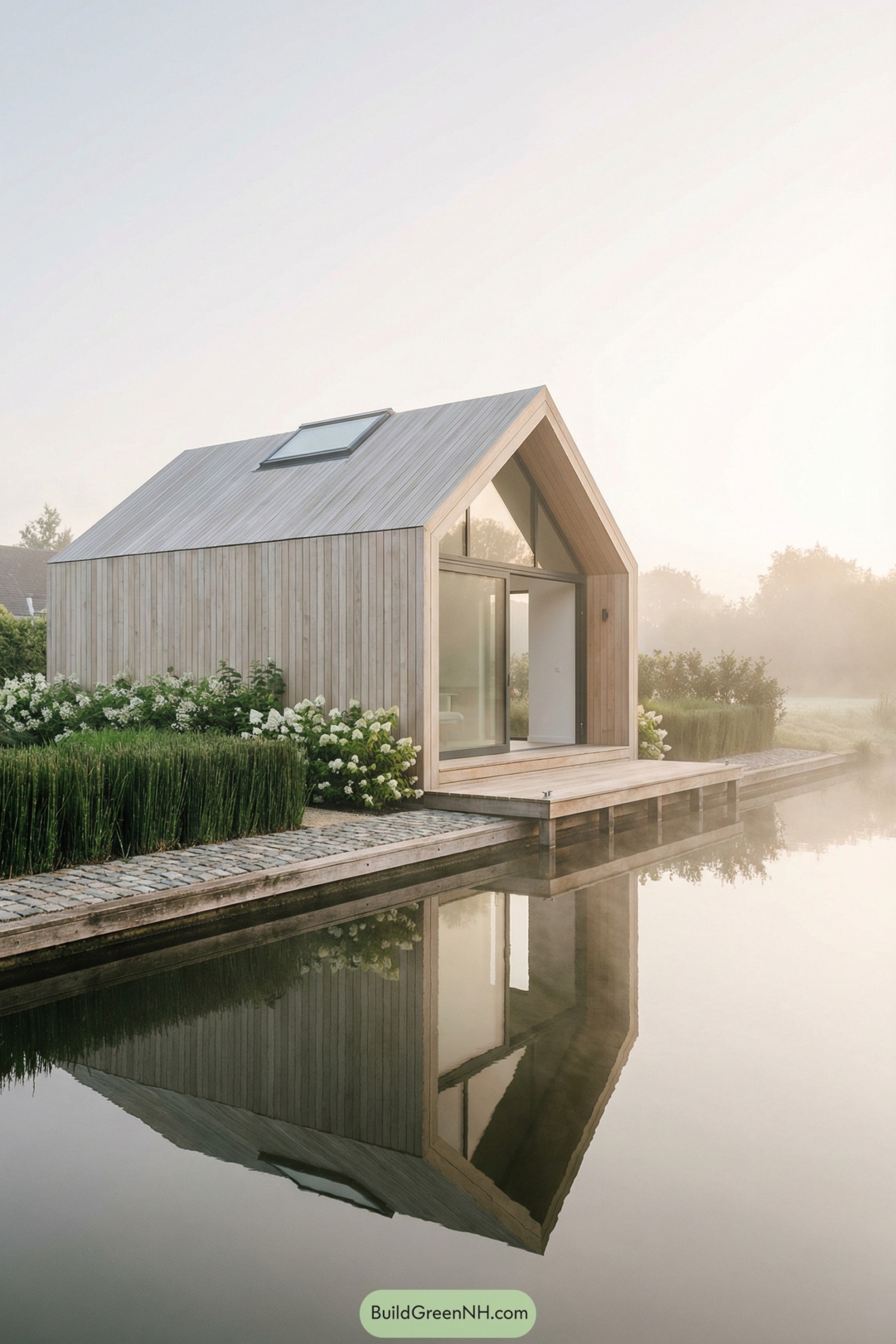Small timber cabin with large glass facade sitting beside a calm canal on a misty morning