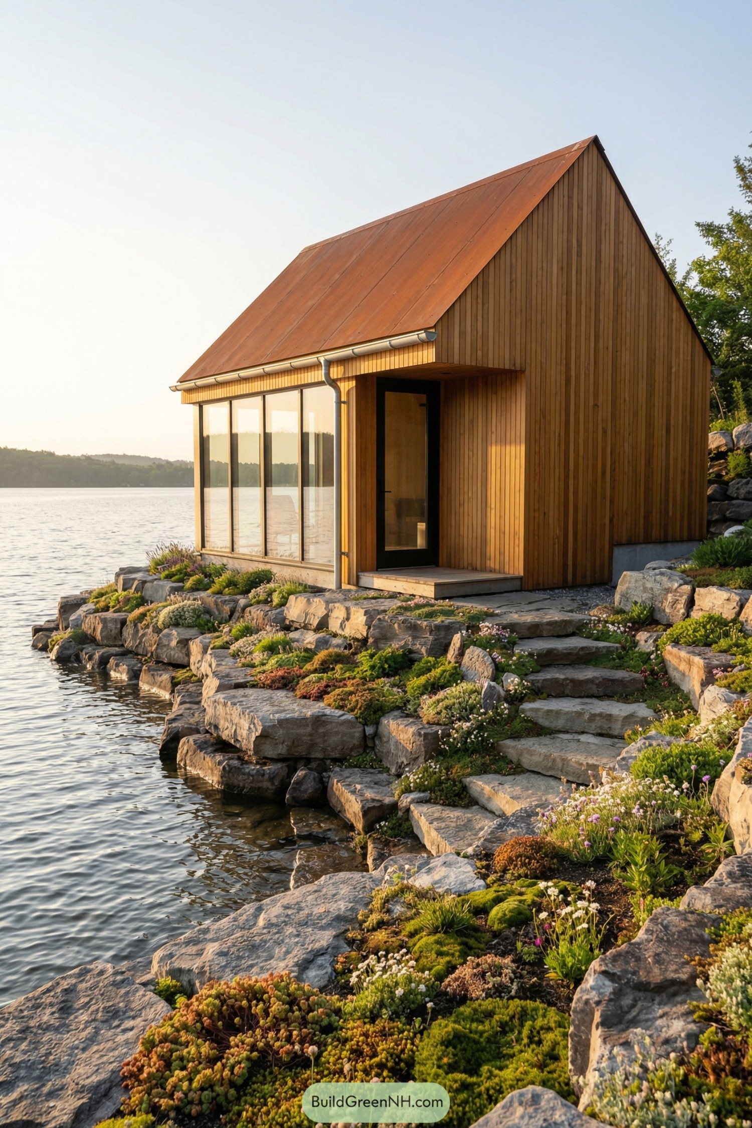 Small timber cabin with large glass wall sitting on rocky shoreline above the water