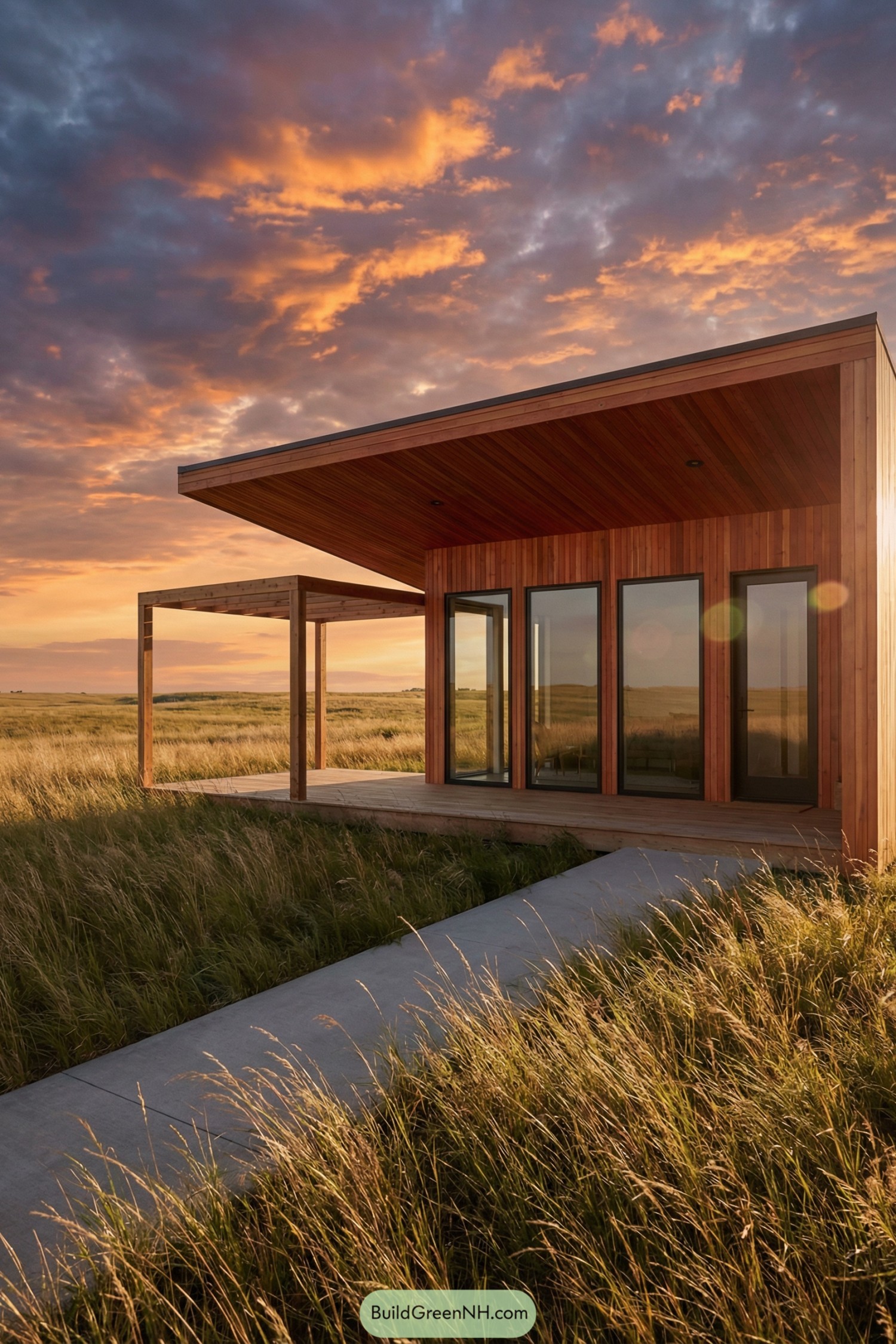 Small timber cabin with large glass doors and windows opening to an open grassy landscape at sunset