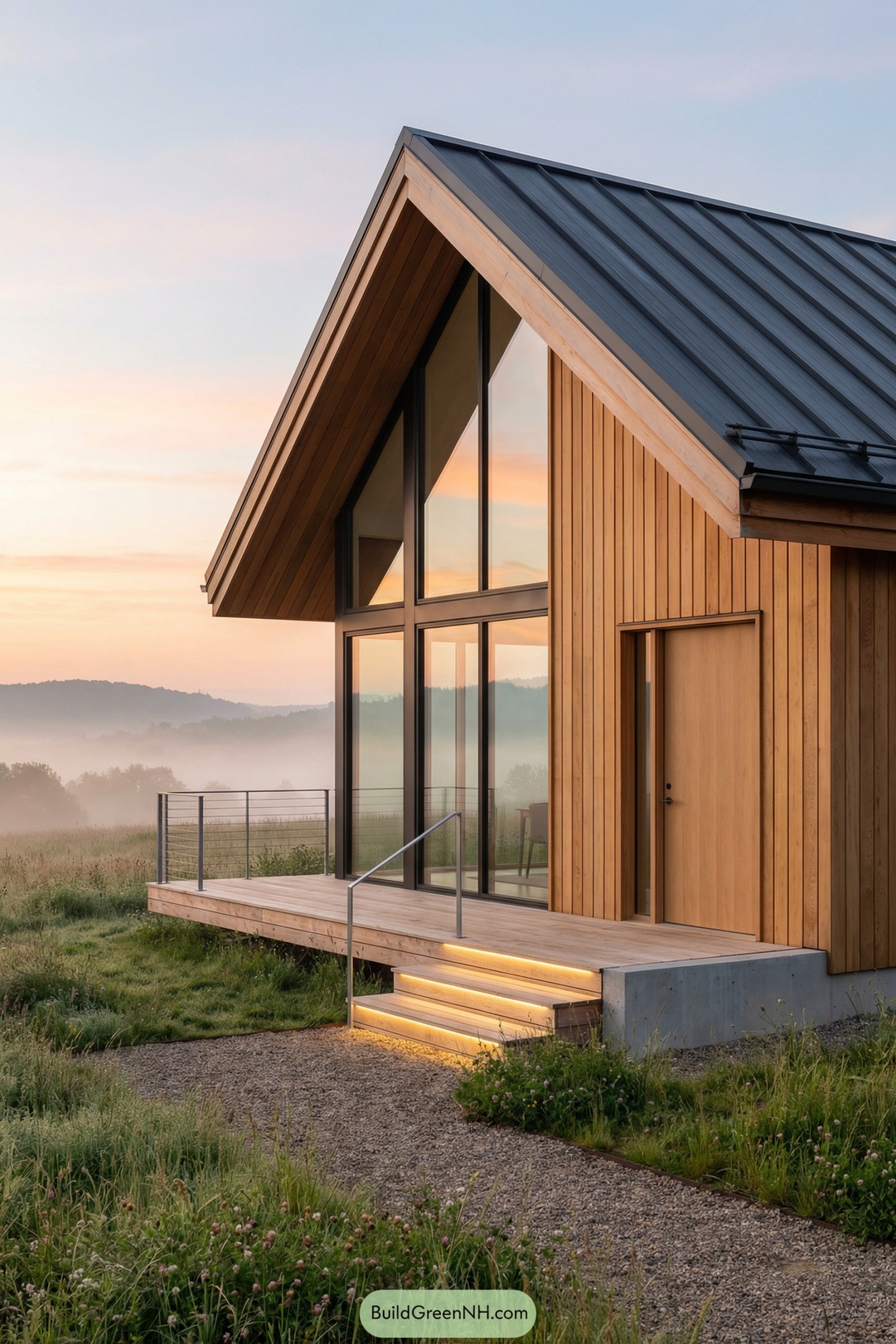 Modern timber cabin with tall glass facade