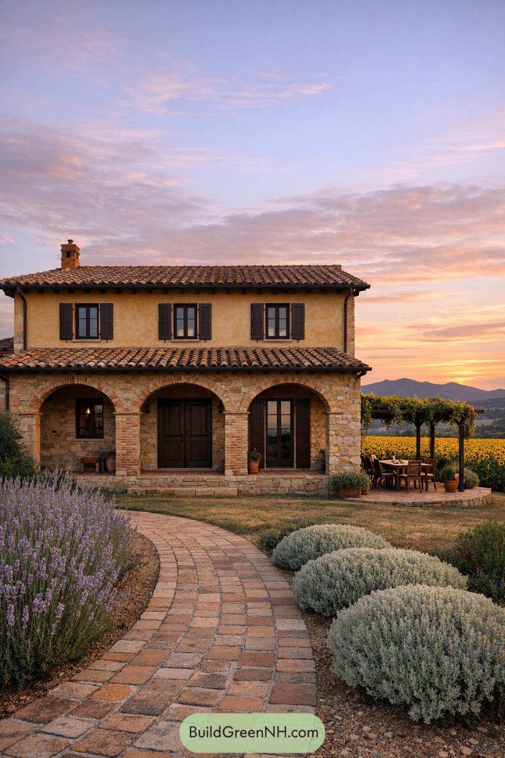 Two story Tuscan stone house with arched veranda lavender path and pergola dining terrace at sunset