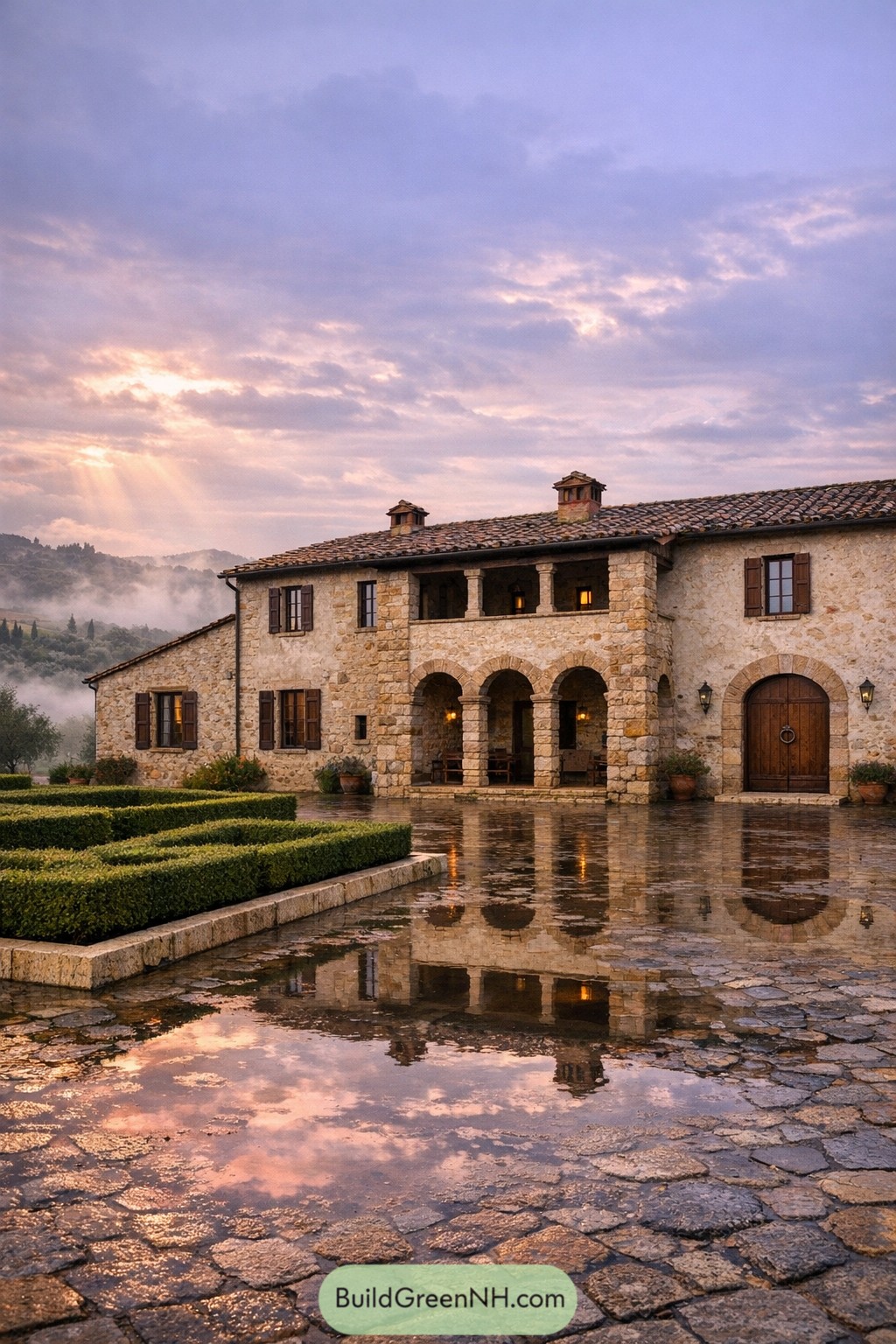 Rustic stone villa with arches and reflecting wet courtyard