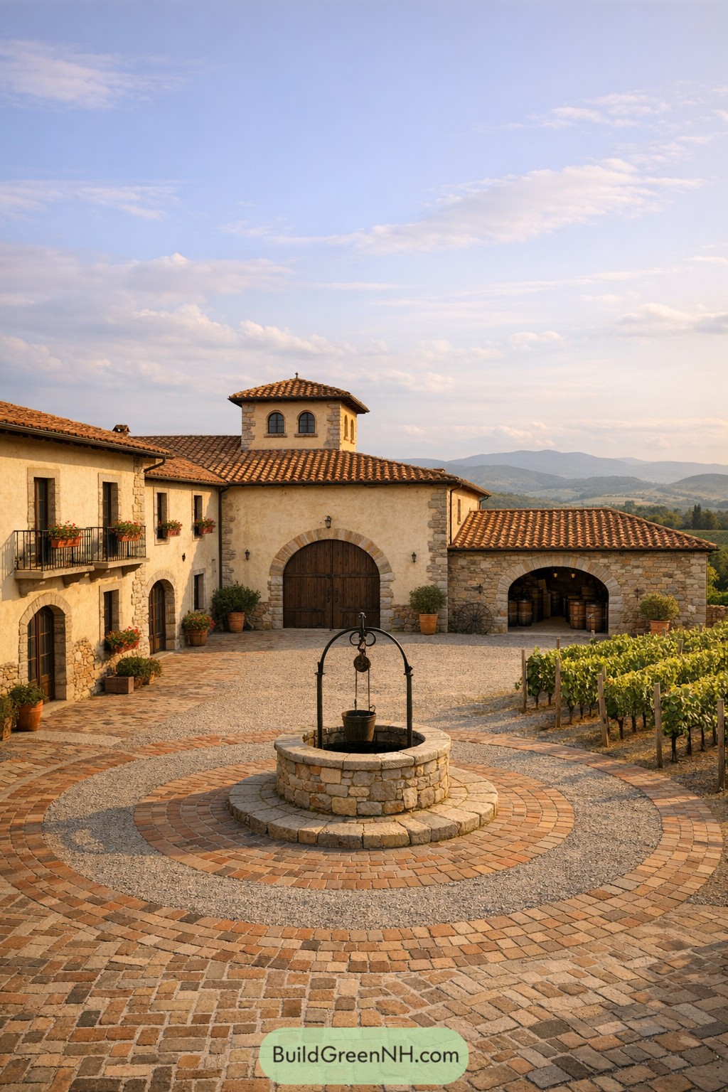 Tuscan stone farmhouse courtyard with central well and vineyard rows