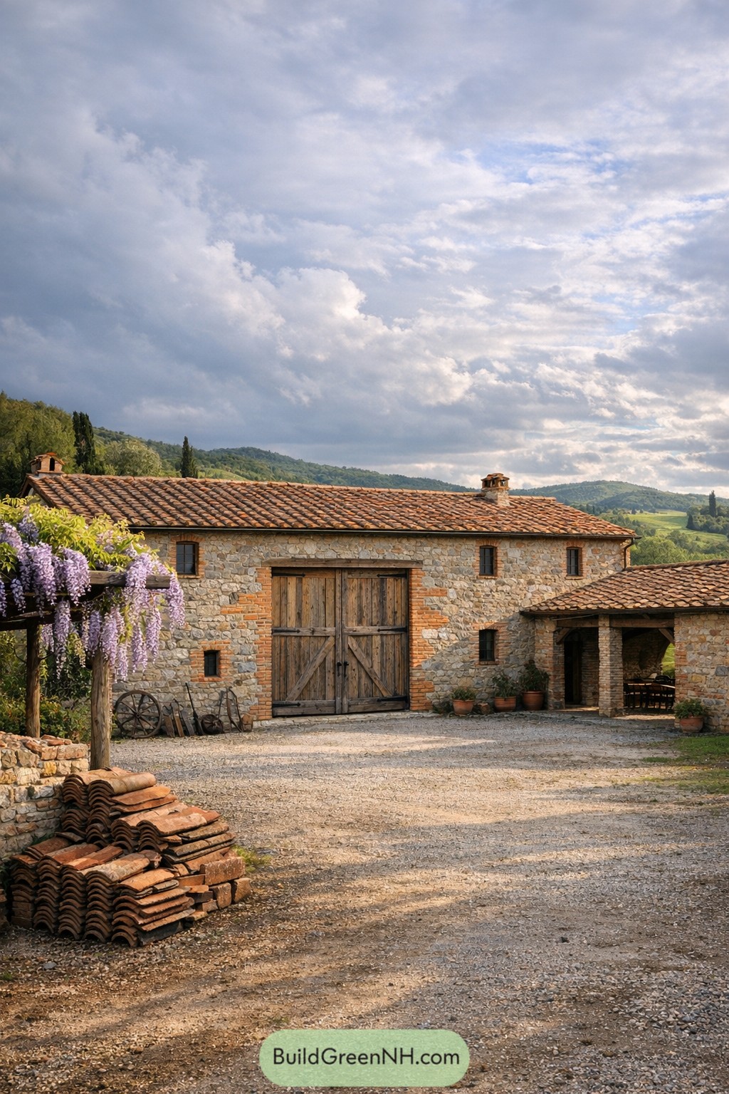 Stone farmhouse with wooden barn doors and wisteria-covered pergola in a rural Tuscan landscape