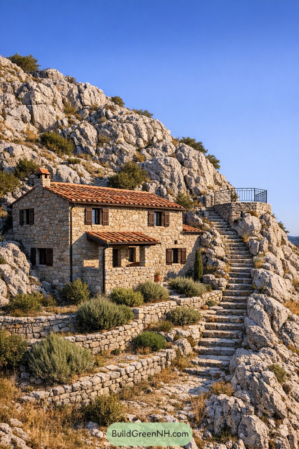 Stone farmhouse tucked into rocky hillside with terraced gardens and a stairway to a scenic overlook