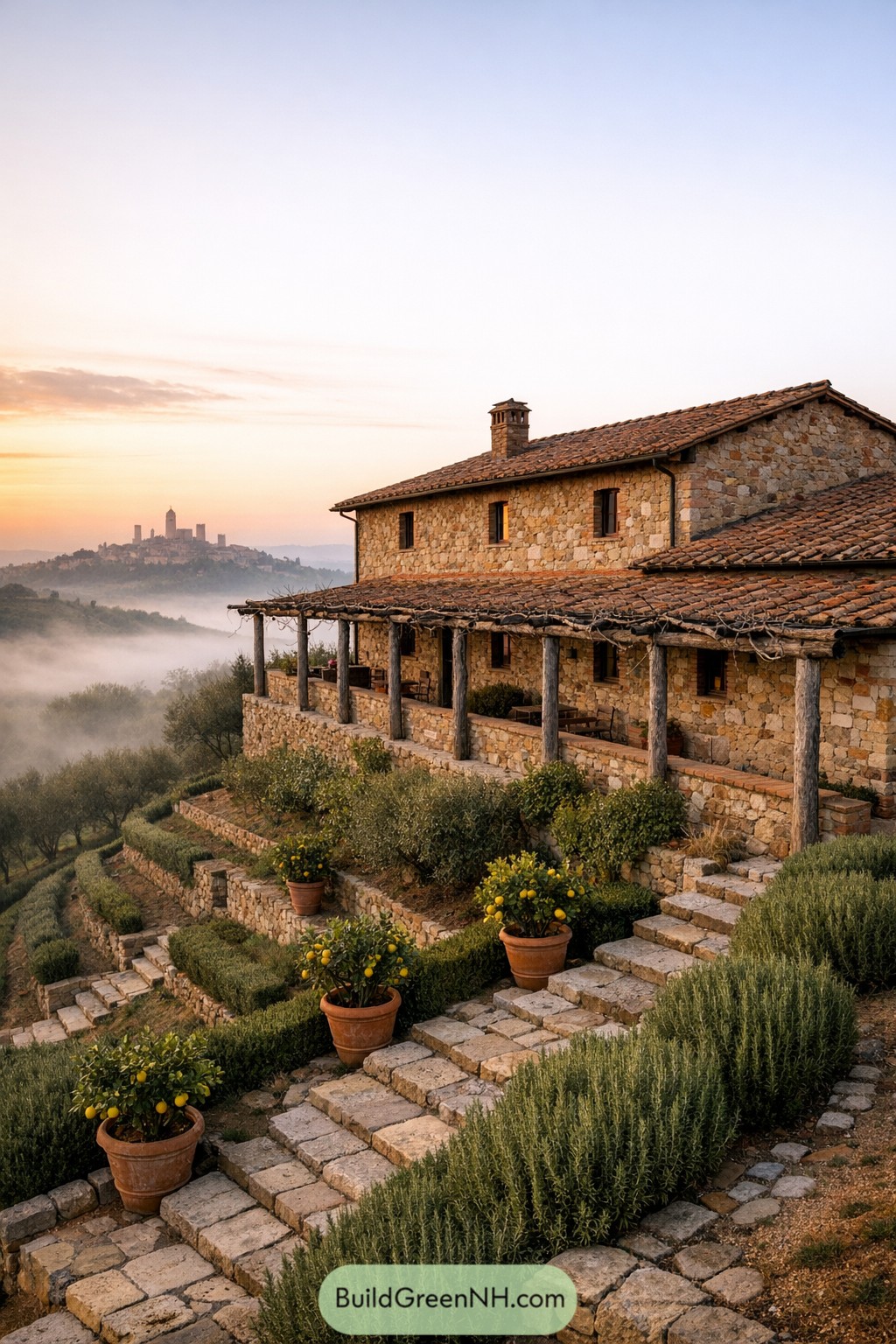 Rustic stone farmhouse on terraced Tuscan hillside at sunrise