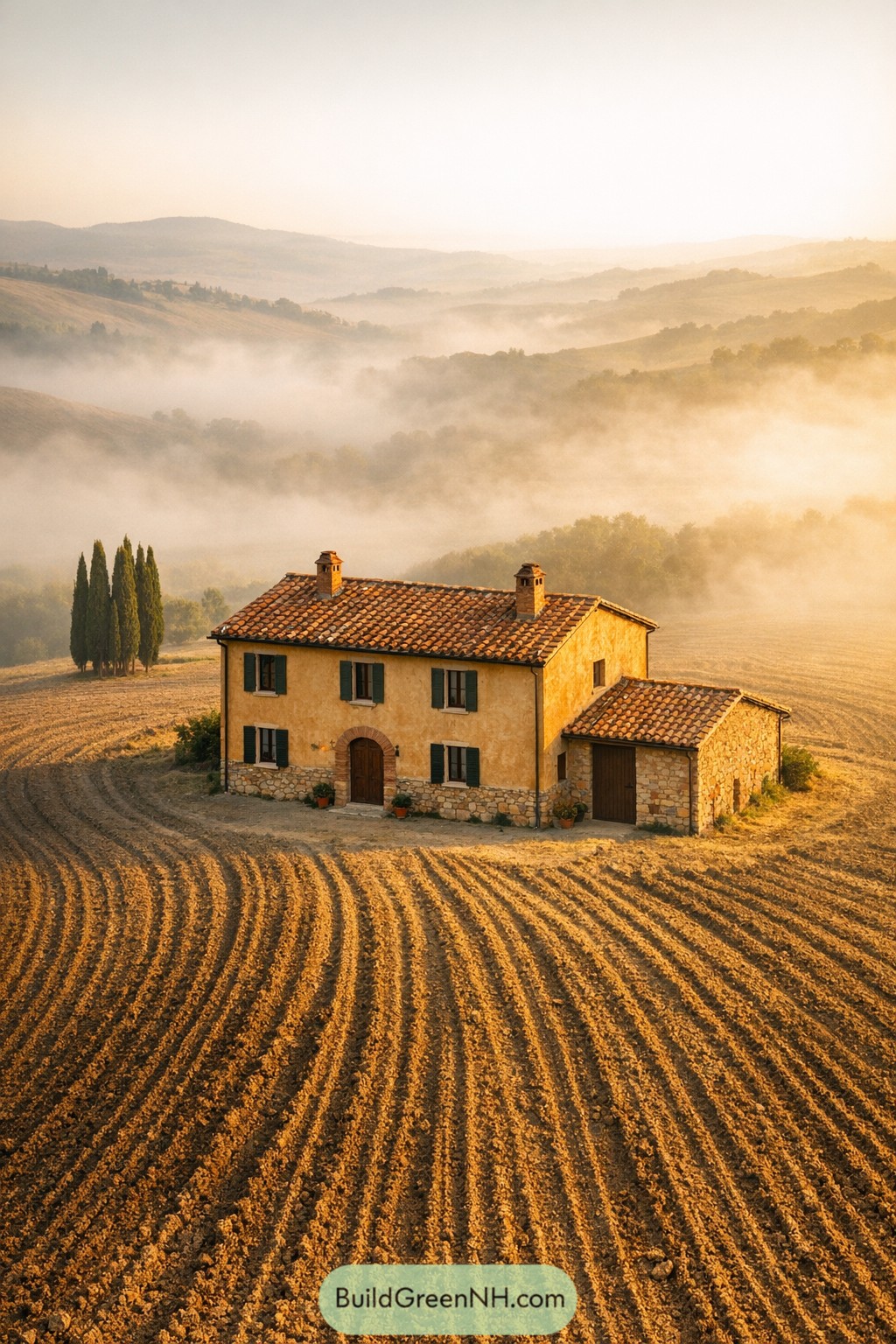 Tuscan farmhouse with tiled roof amid plowed fields and misty rolling hills