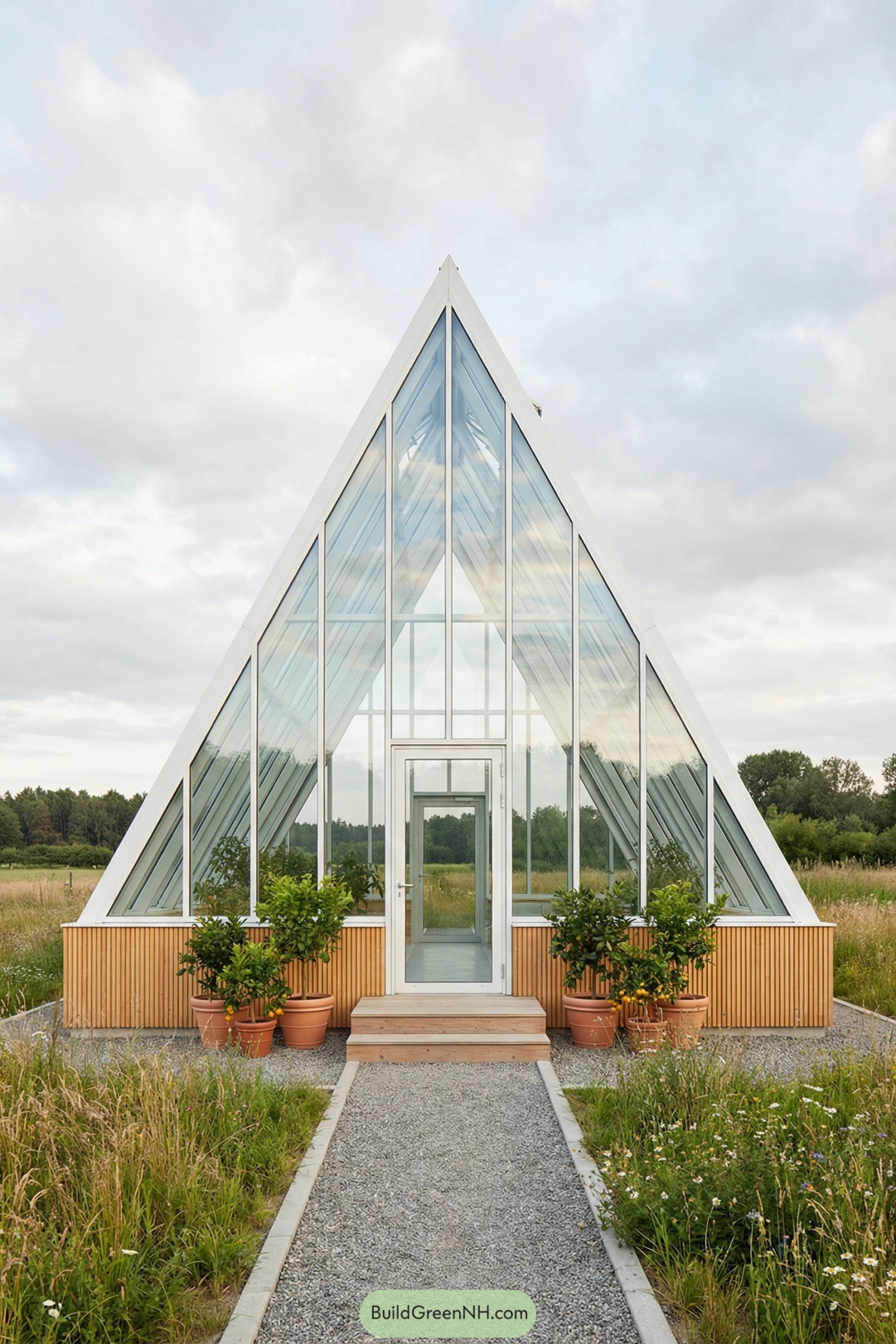 Tall triangular glass greenhouse with white frame and wood base in a meadow