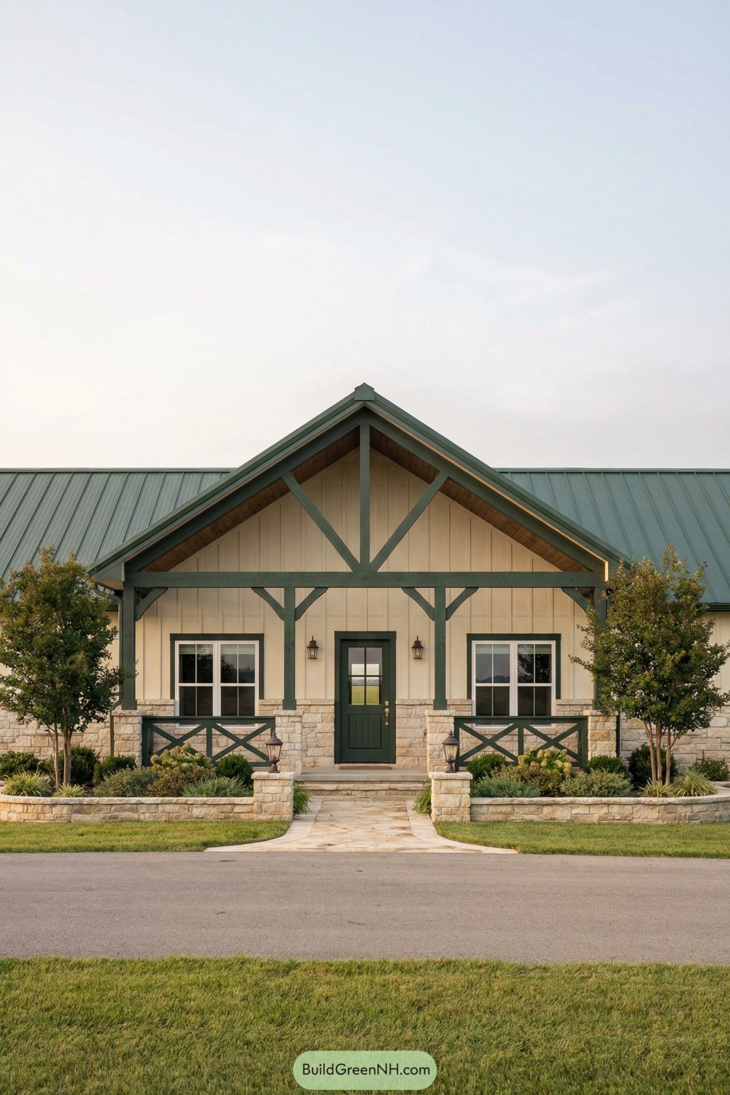 Front view of a ranch barndominium with green gabled porch, stone base, and landscaped entry path