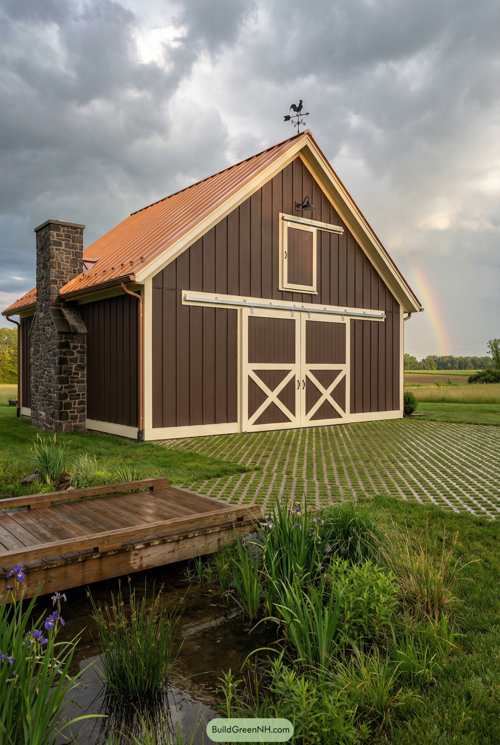 Brown barn style garage with copper roof and stone chimney beside a small pond