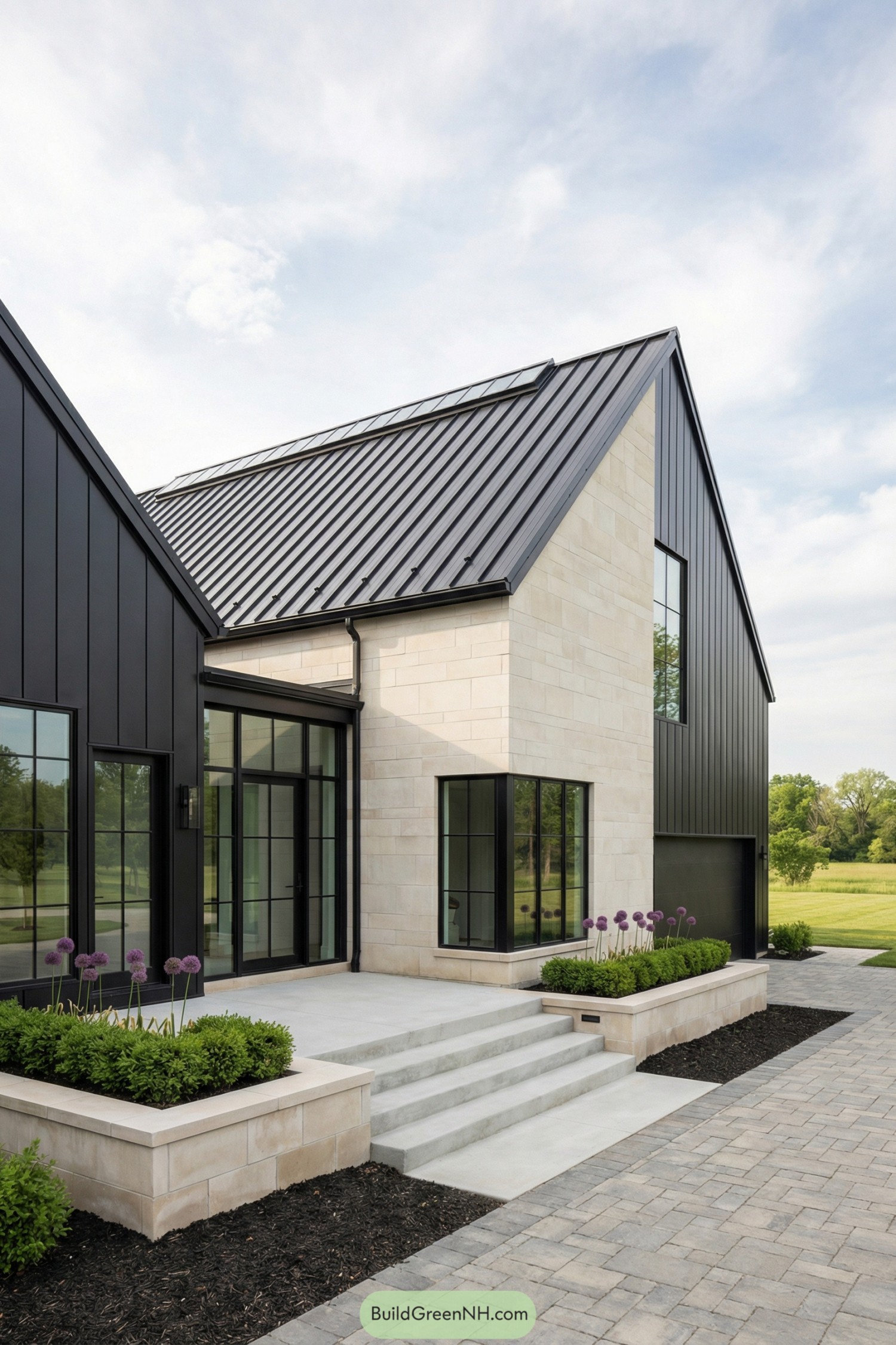 Modern black metal and stone barndominium entry with broad steps and planters