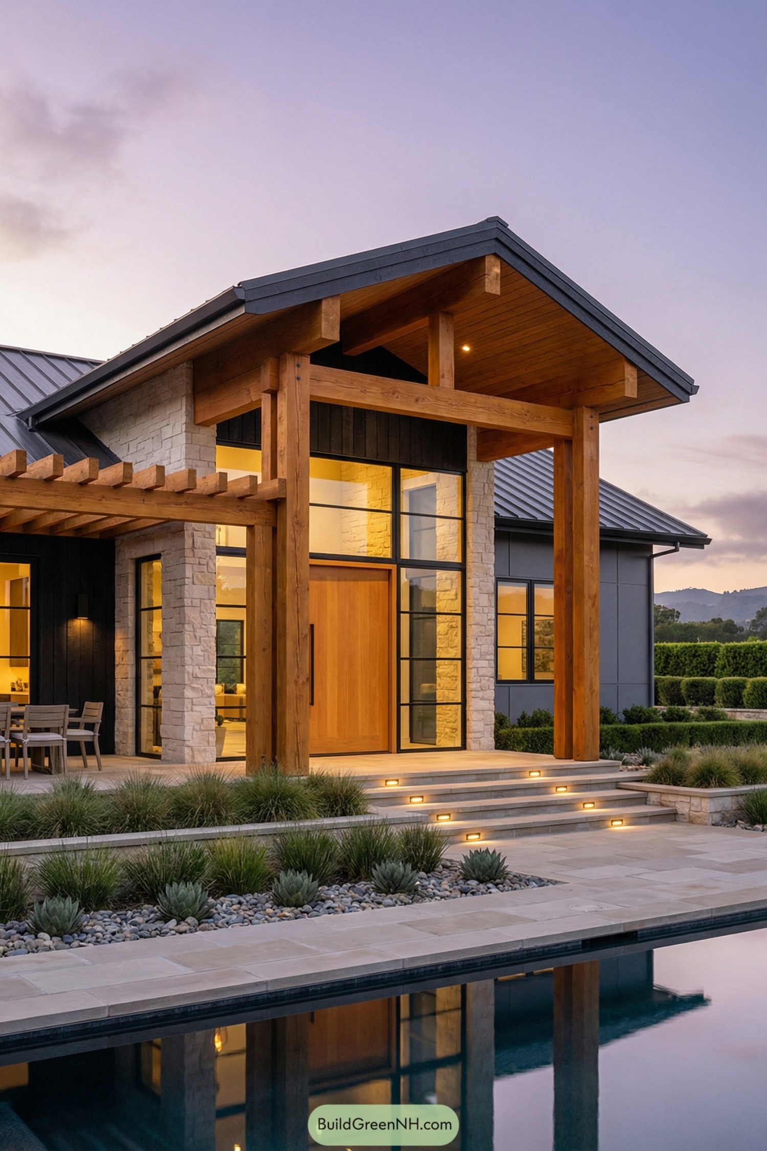 Contemporary ranch barndominium with tall timber entry porch, stone accents, and poolside steps at dusk