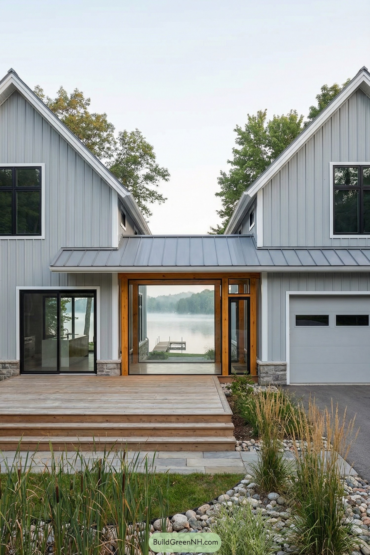 A lakeside barndominium facade with a broad breezeway as a glazed-and-open hybrid connector between two gable volumes, finished in cool light-gray metal siding with white trim and honey-toned timber under the connector; the structure is two parallel barn forms with the breezeway oriented toward the water, creating a framed view corridor; materials include metal panel siding, timber posts, and a stone base course near grade; roofing is medium-gray standing seam with a slightly extended canopy over the breezeway; windows are large fixed panes and sliding glass with black frames, including a gable-end window wall; doors include a glass entry with sidelights and a light-gray sectional door with window banding; outdoor structures include a wide timber deck that begins at the breezeway and steps down toward the shoreline, plus a stone path along the facade; landscaping shows ornamental grasses, shoreline reeds, and smooth river stones; the environment includes calm water, a small dock silhouette, and tree-covered banks; set in early morning with mist over the lake and gentle reflections, single real-life photo, high-resolution, architectural photography, soft lighting, cinematic composition, strictly no collages.