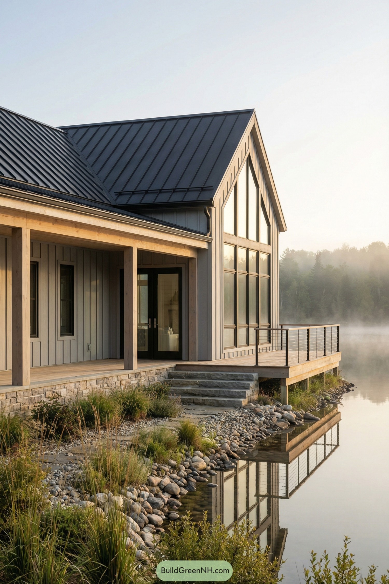 Modern ranch barndominium with metal roof and full-height lakeside windows reflecting on calm water. Wraparound deck, stone base, and native landscaping along the shoreline