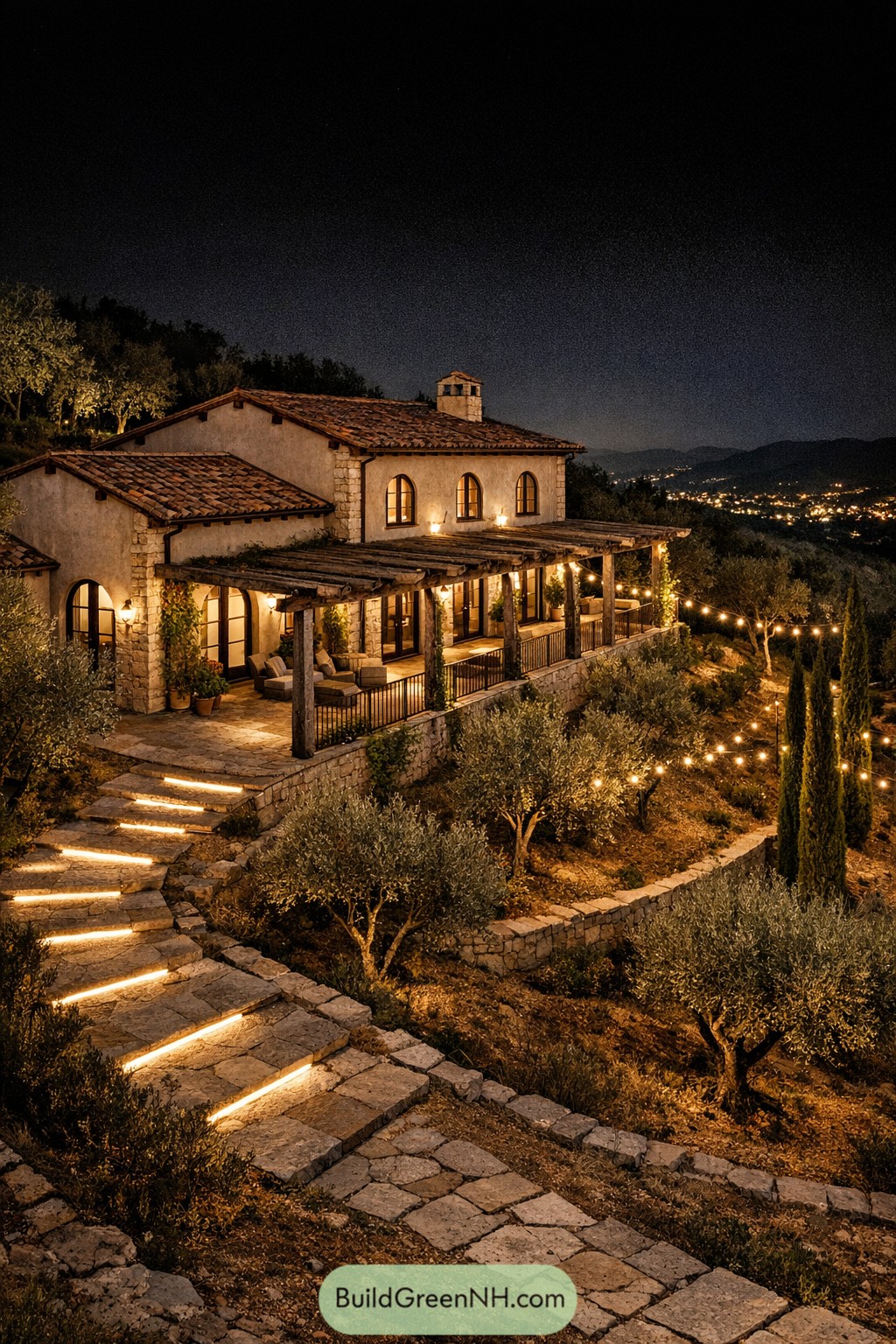 Mediterranean hillside villa glowing at night