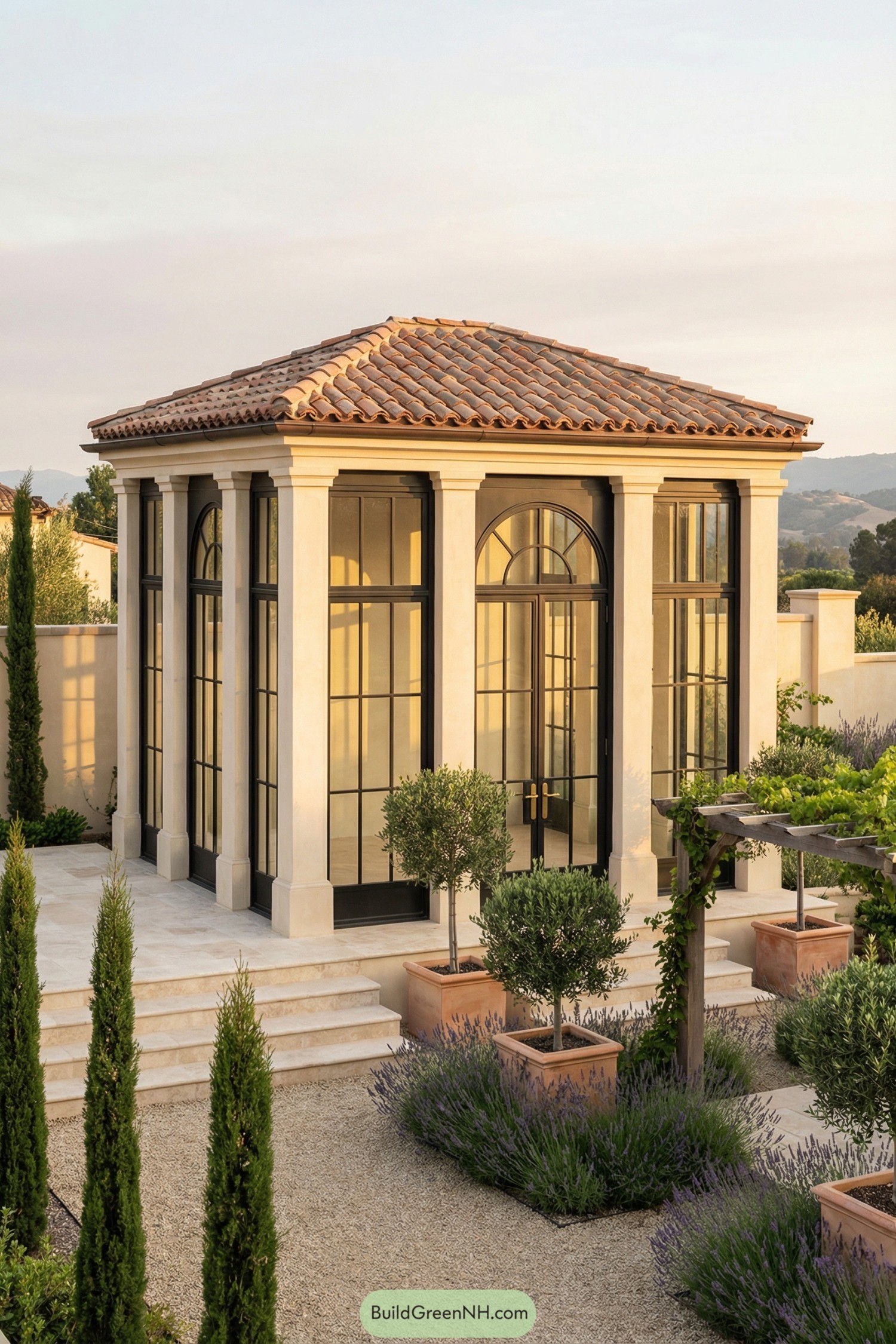 Elegant cream stone garden pavilion with tall black framed windows and a terracotta tile roof