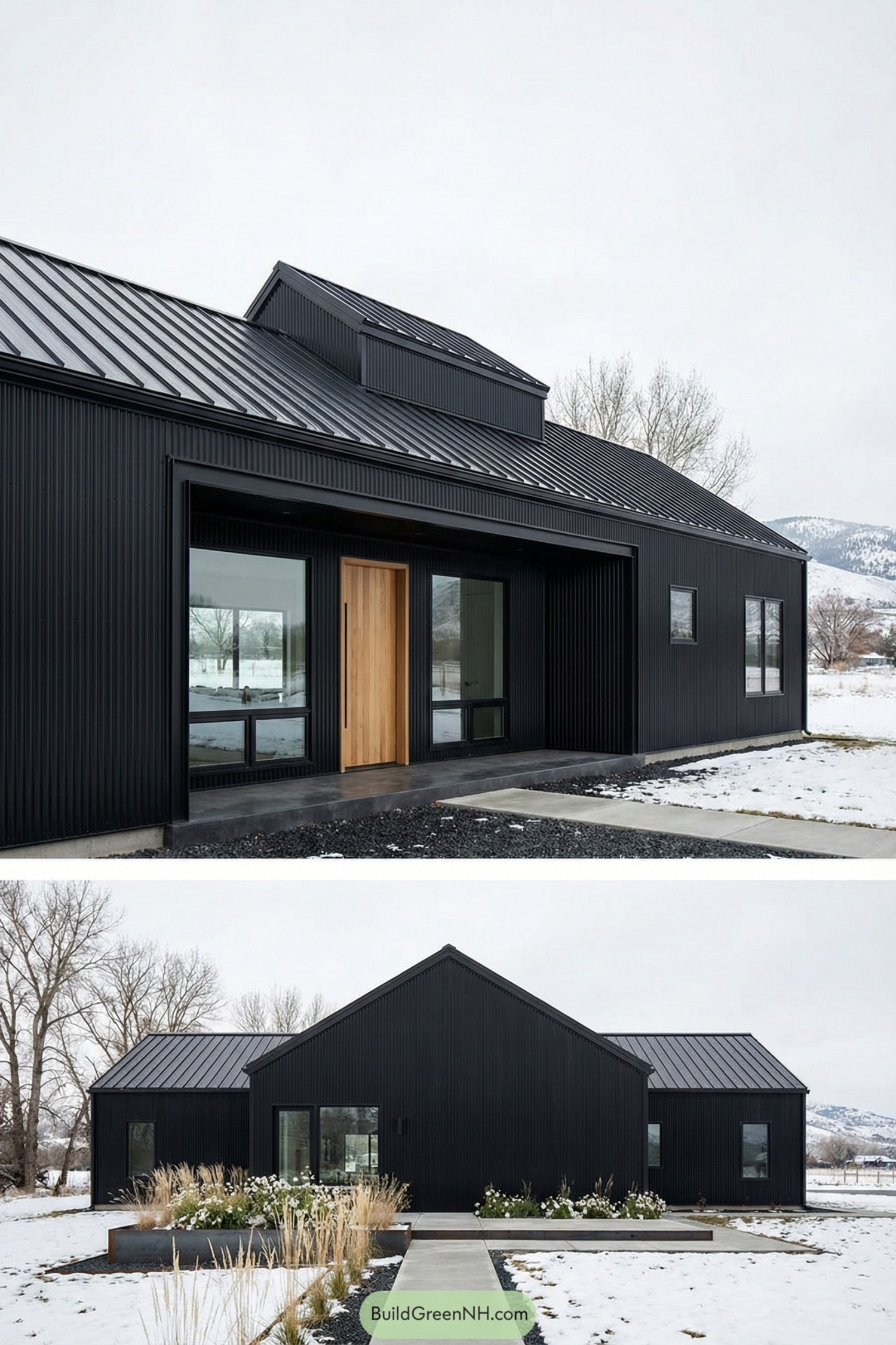 Modern black metal ranch home with tall gable roofs and large windows in a snowy landscape