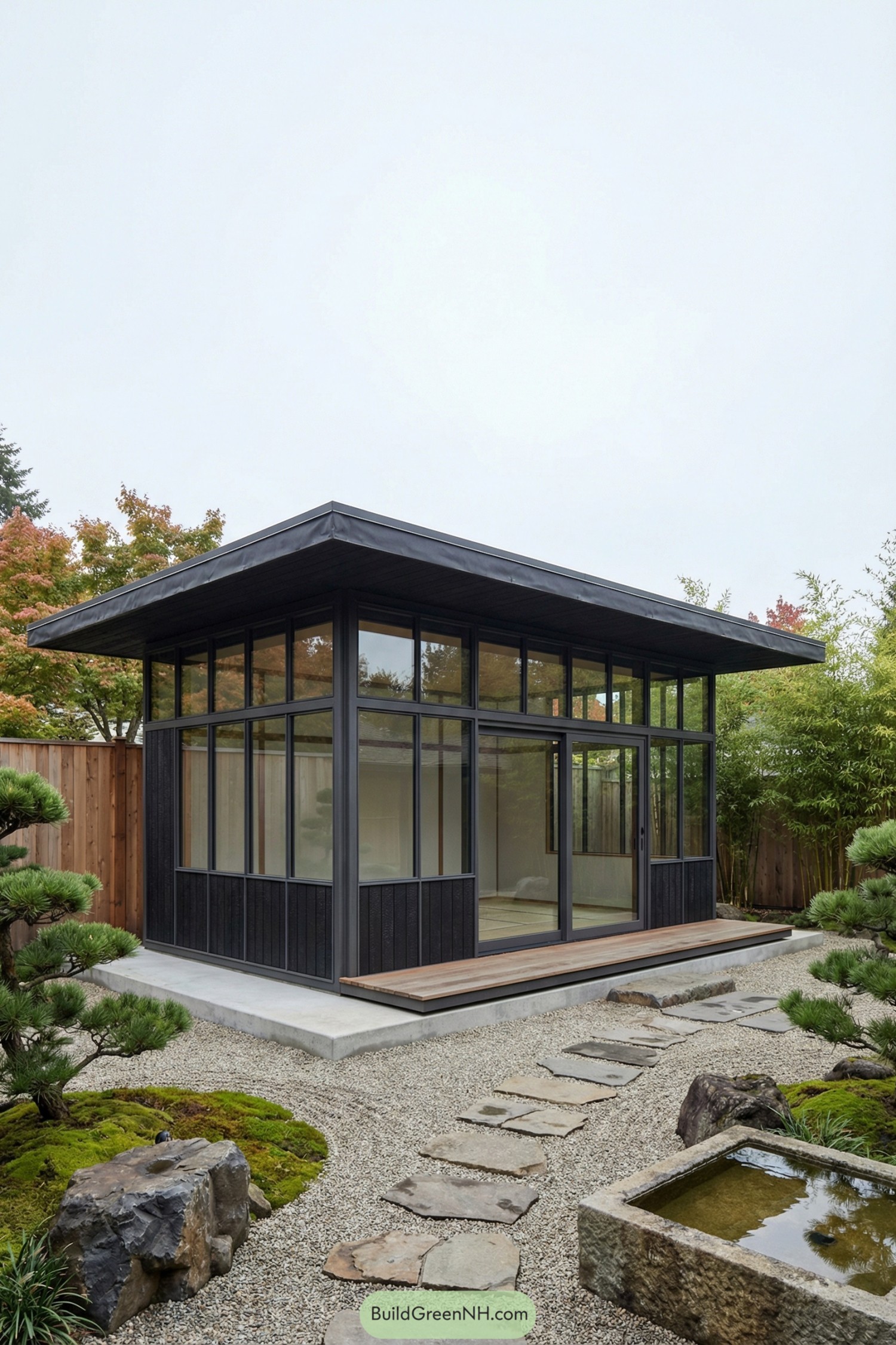 Minimalist glass garden room with dark frame and flat roof