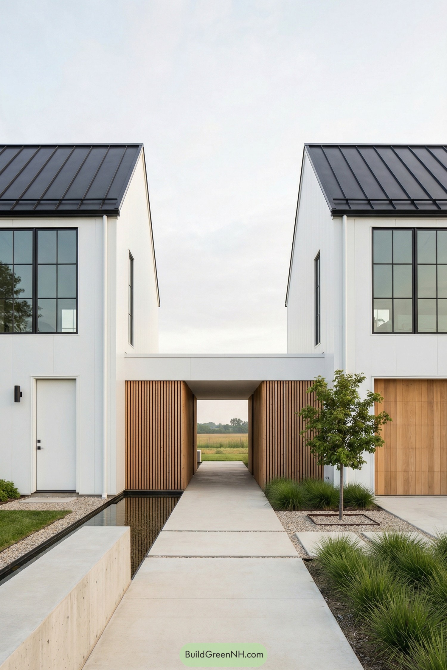Modern white barndominium with twin gable volumes connected by a wood lined breezeway and a minimalist entry courtyard