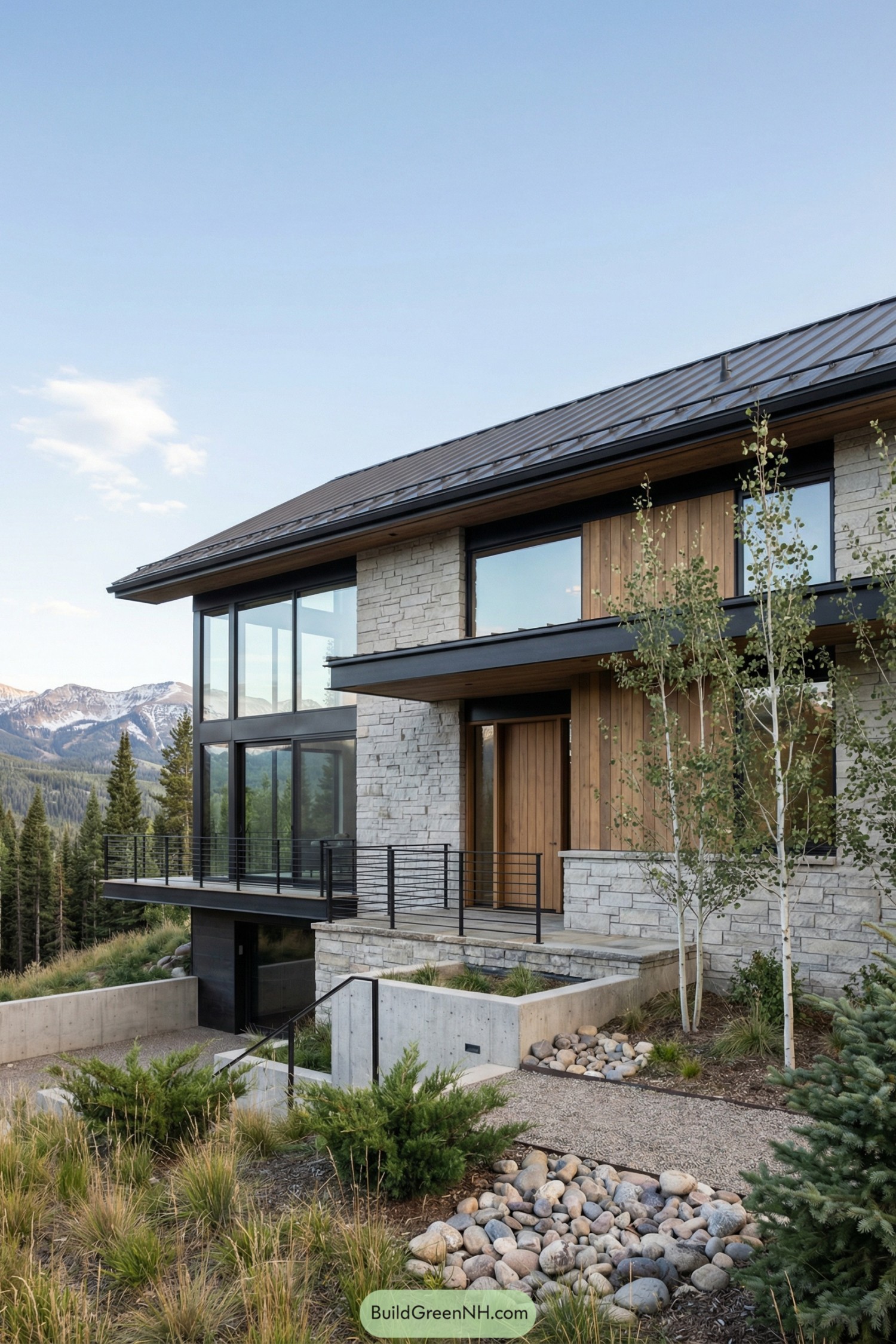 Modern mountain house with stone walls glass and a minimalist rocky garden in the foreground